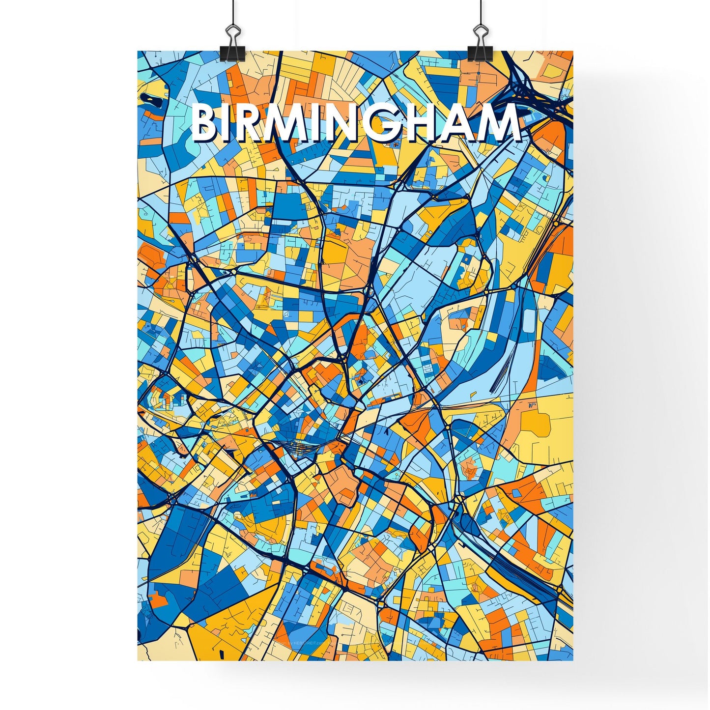 BIRMINGHAM ENGLAND Vibrant Colorful Art Map Poster Blue Orange