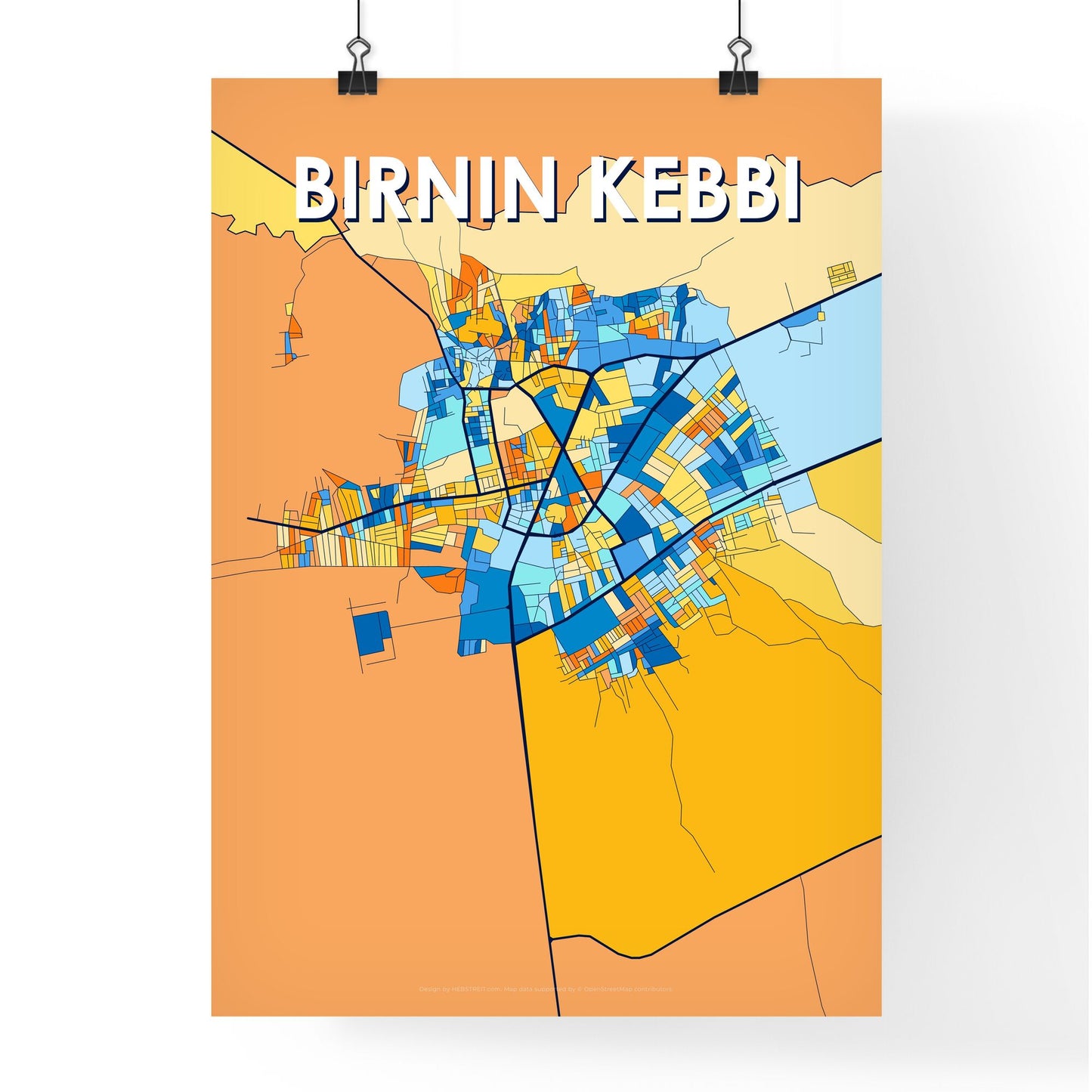 BIRNIN KEBBI NIGERIA Vibrant Colorful Art Map Poster Blue Orange