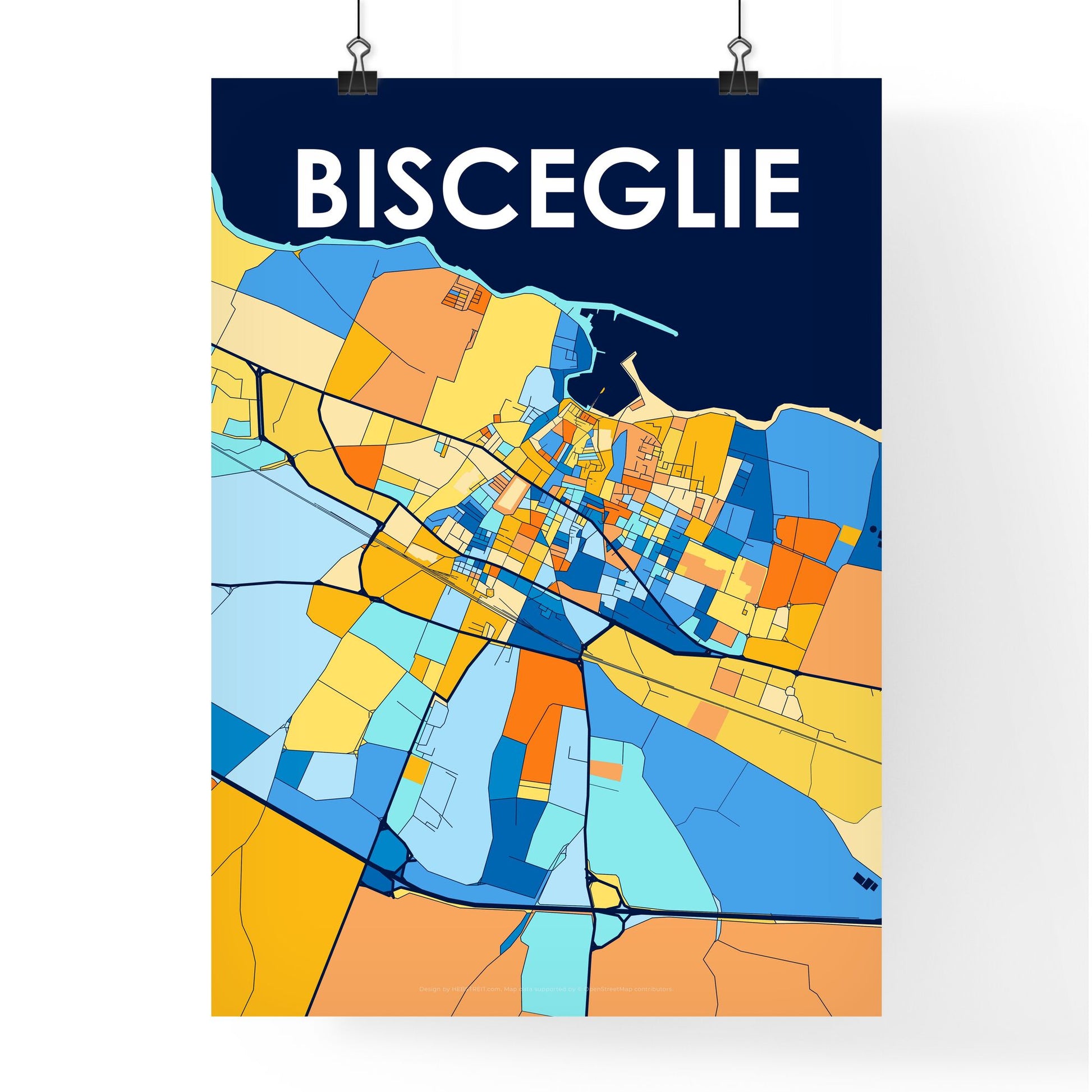 BISCEGLIE ITALY Vibrant Colorful Art Map Poster Blue Orange