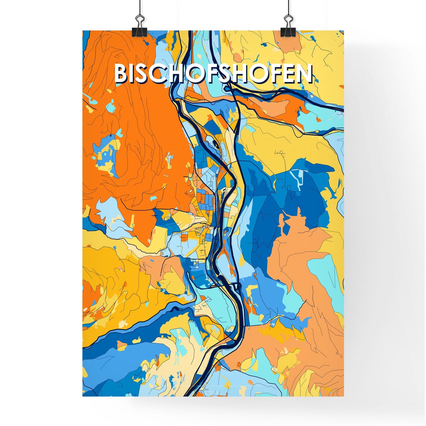 BISCHOFSHOFEN AUSTRIA Vibrant Colorful Art Map Poster Blue Orange