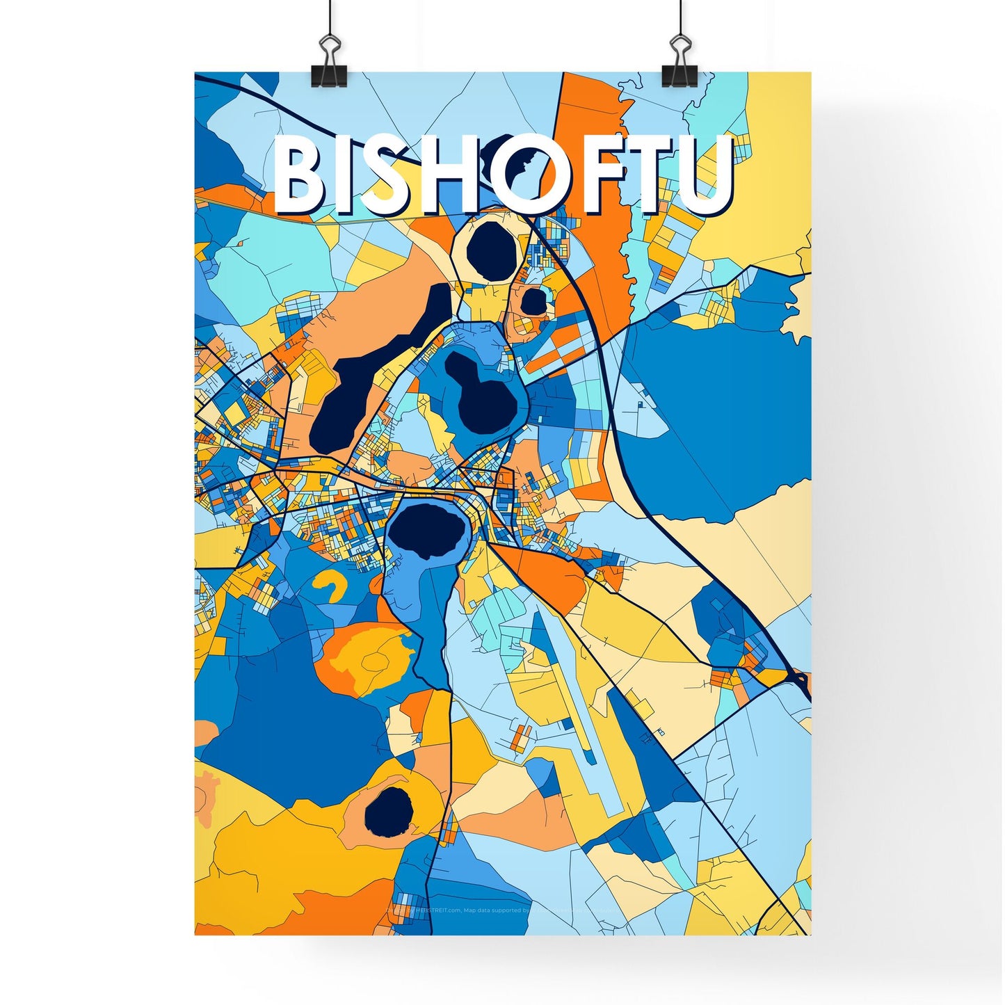 BISHOFTU ETHIOPIA Vibrant Colorful Art Map Poster Blue Orange