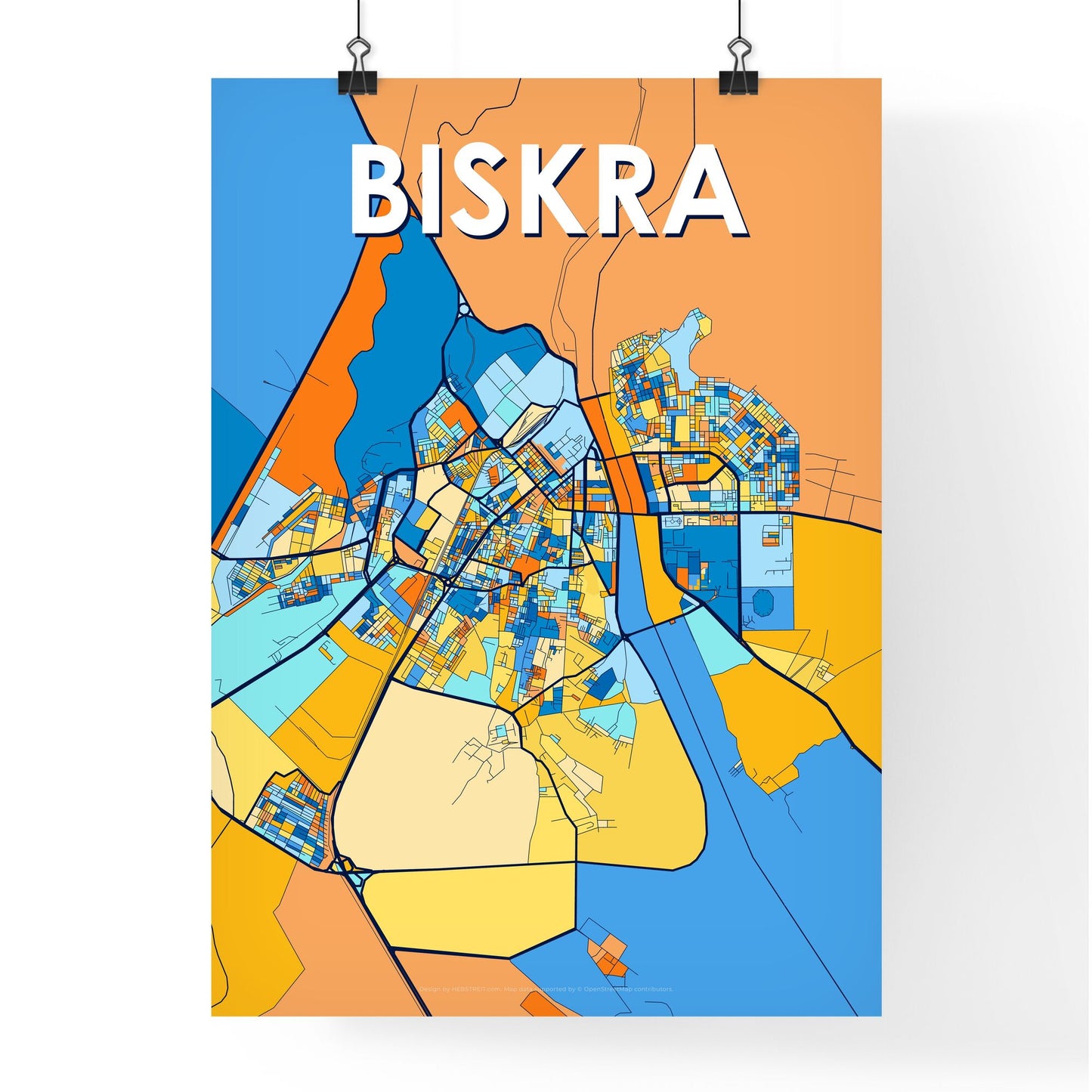 BISKRA ALGERIA Vibrant Colorful Art Map Poster Blue Orange