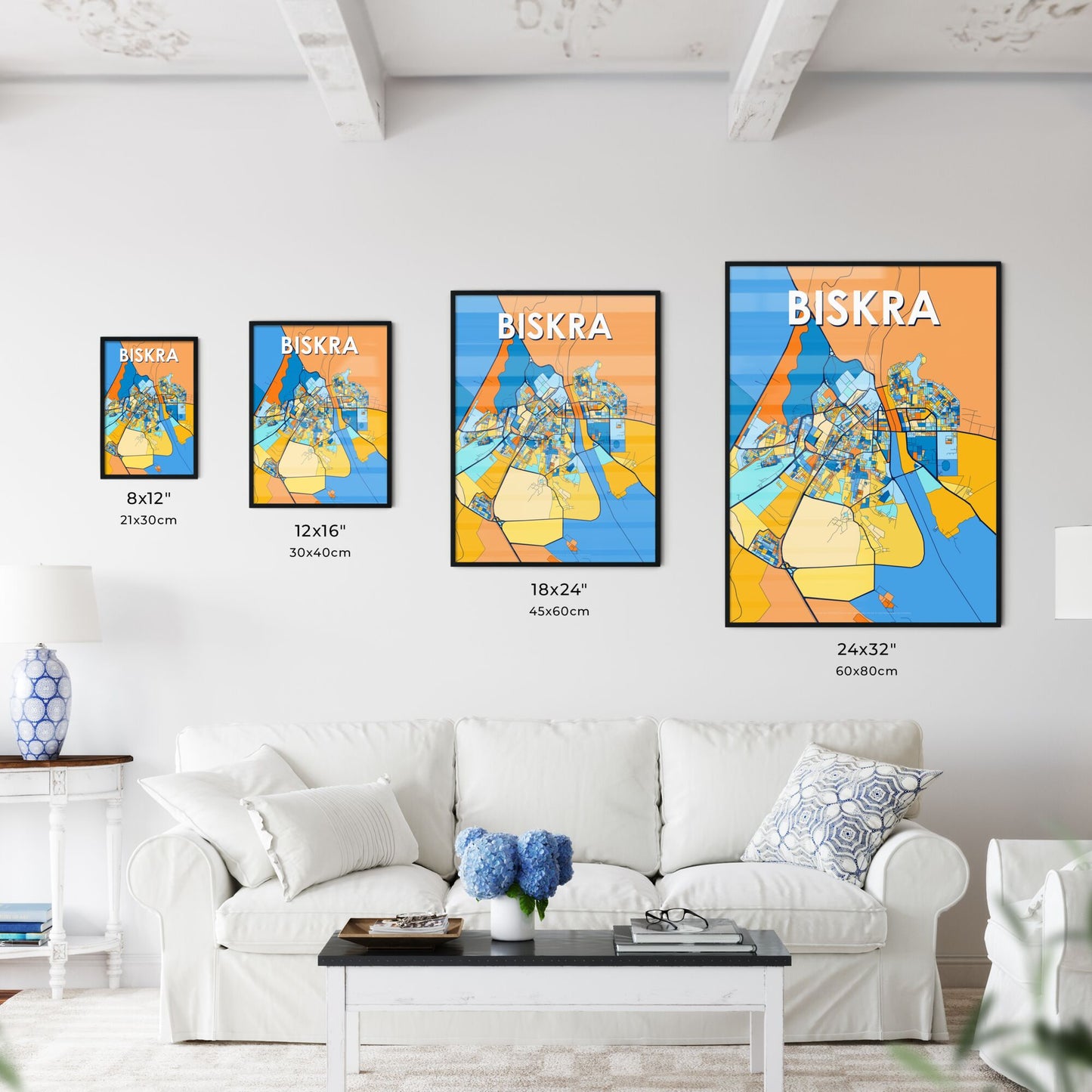 BISKRA ALGERIA Vibrant Colorful Art Map Poster Blue Orange