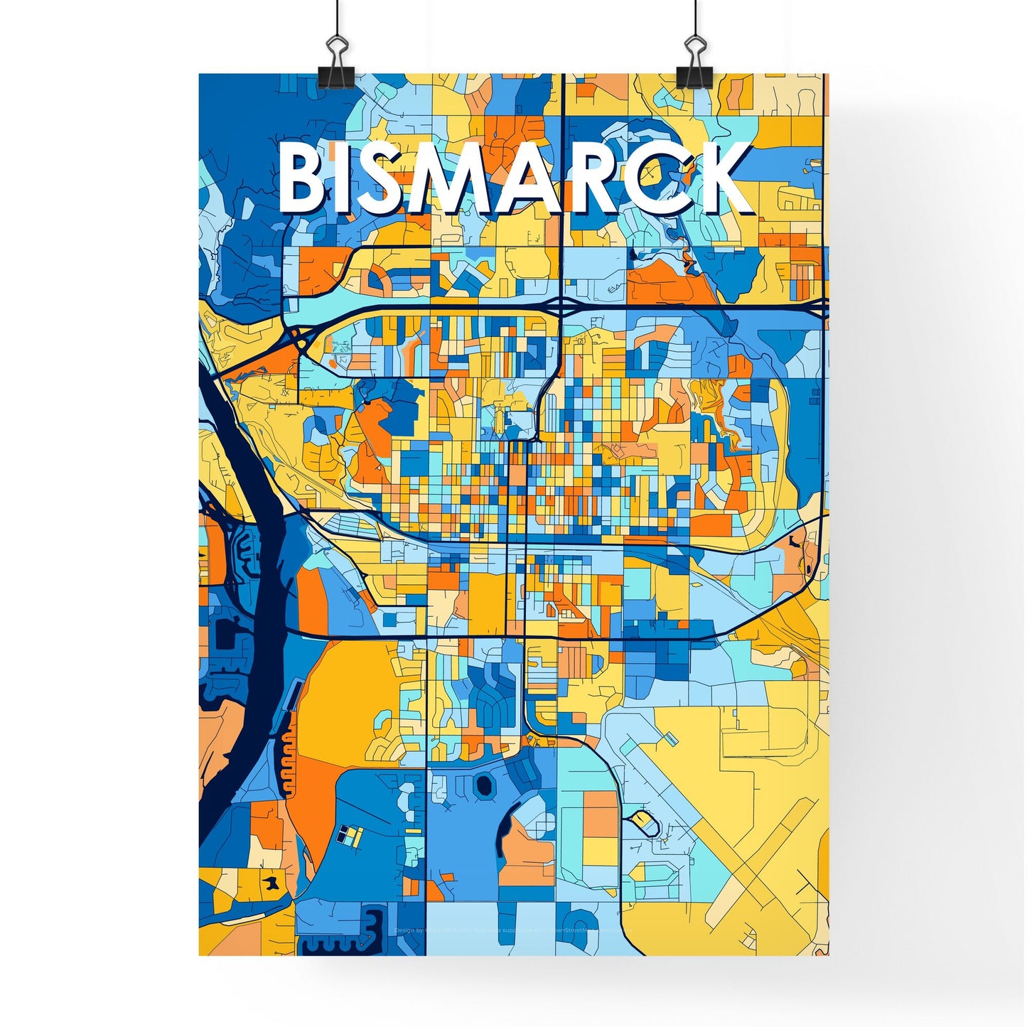 BISMARCK NORTH DAKOTA Vibrant Colorful Art Map Poster Blue Orange