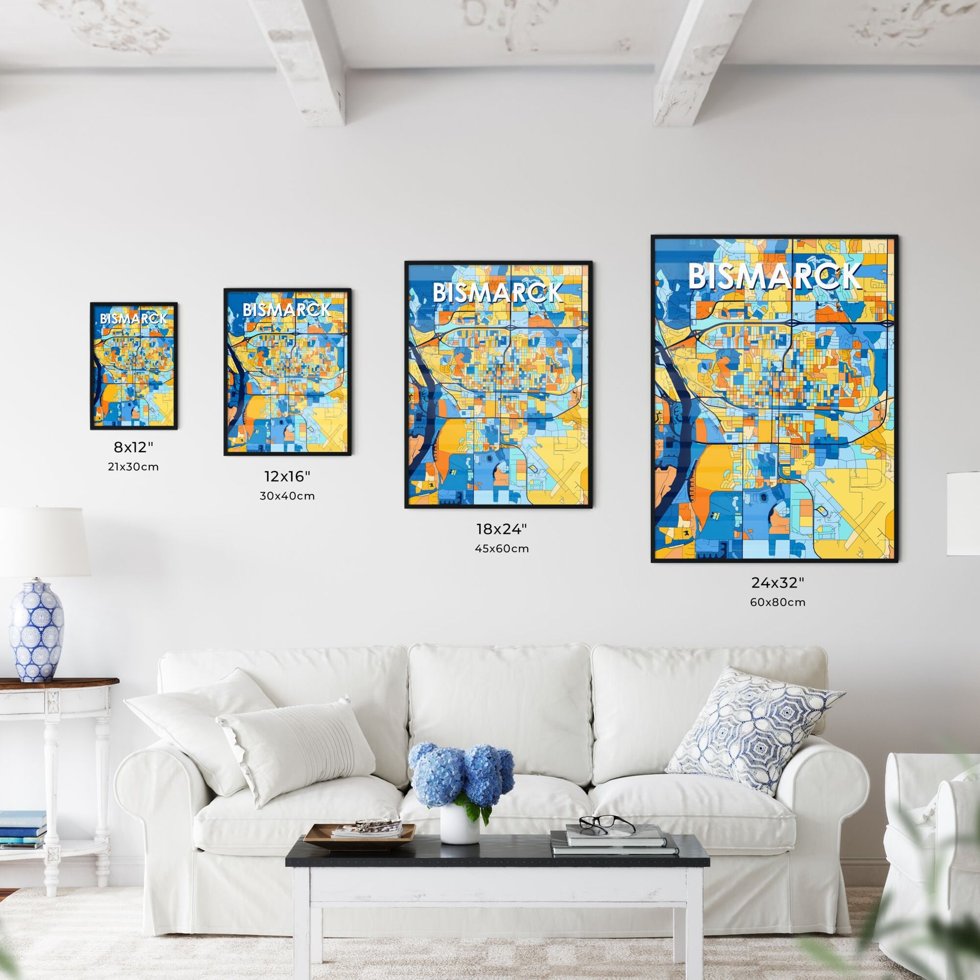 BISMARCK NORTH DAKOTA Vibrant Colorful Art Map Poster Blue Orange