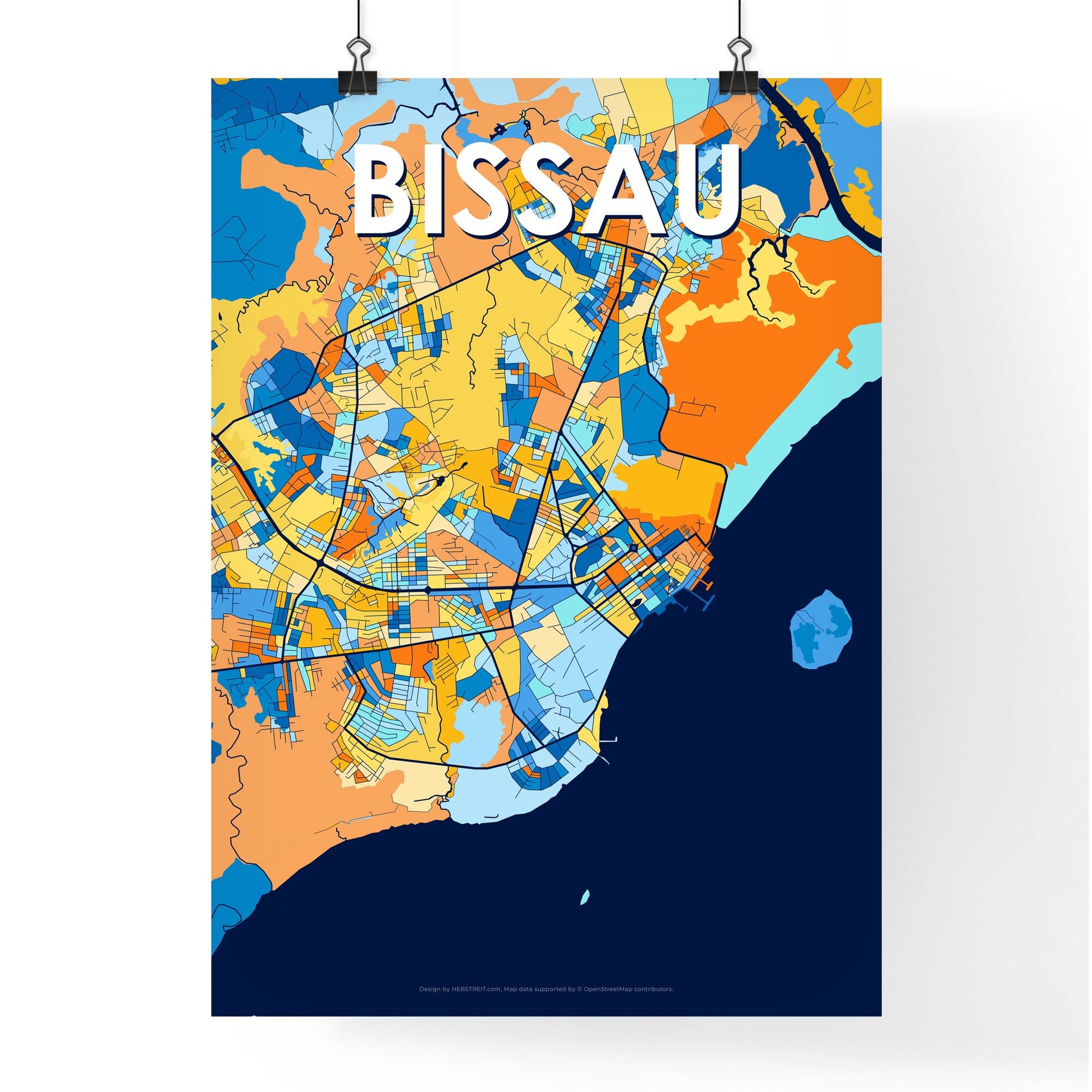 BISSAU GUINEA BISSAU Vibrant Colorful Art Map Poster Blue Orange