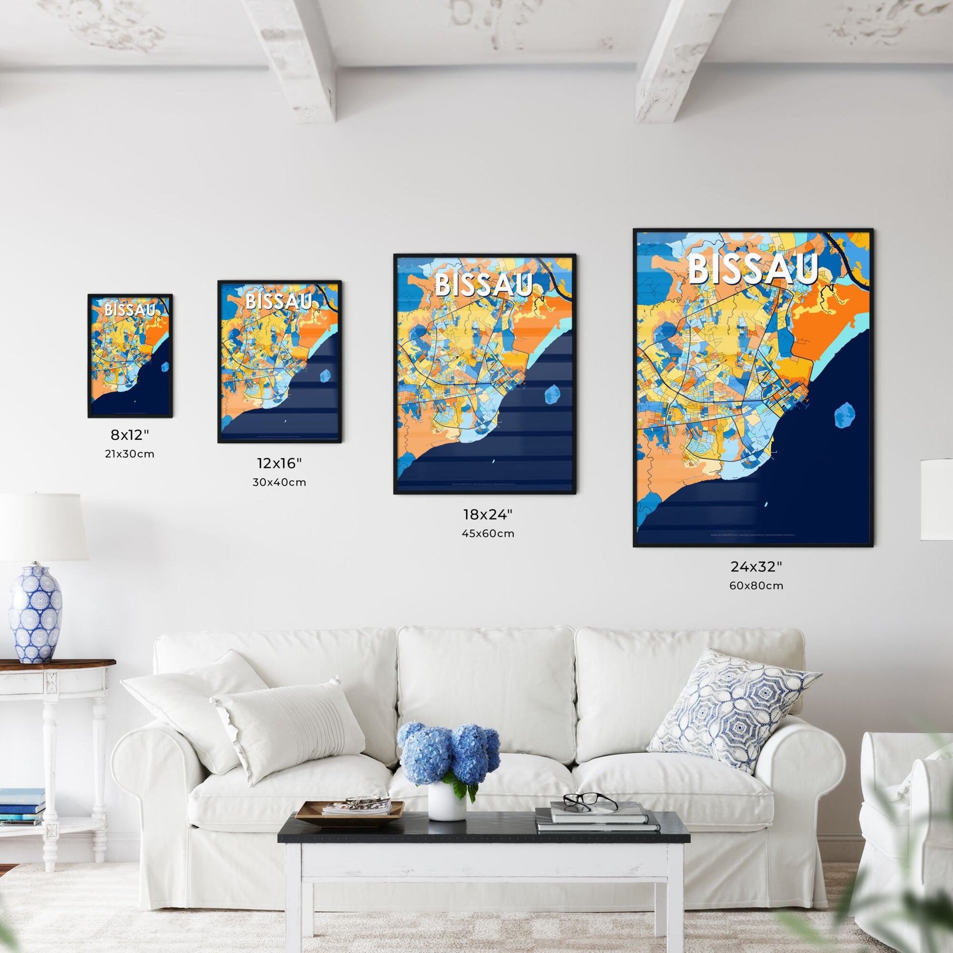 BISSAU GUINEA BISSAU Vibrant Colorful Art Map Poster Blue Orange