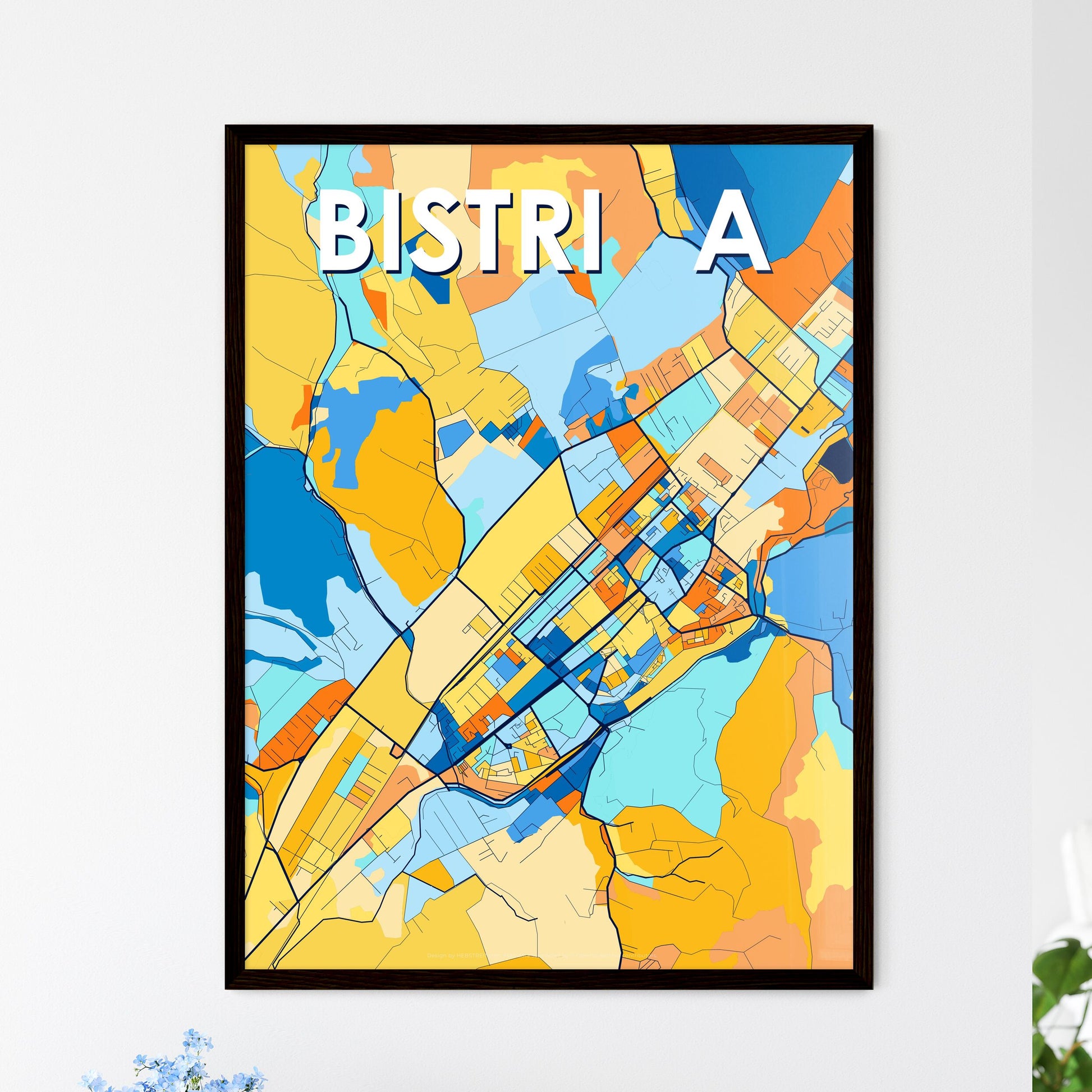 BISTRIȚA ROMANIA Vibrant Colorful Art Map Poster Blue Orange