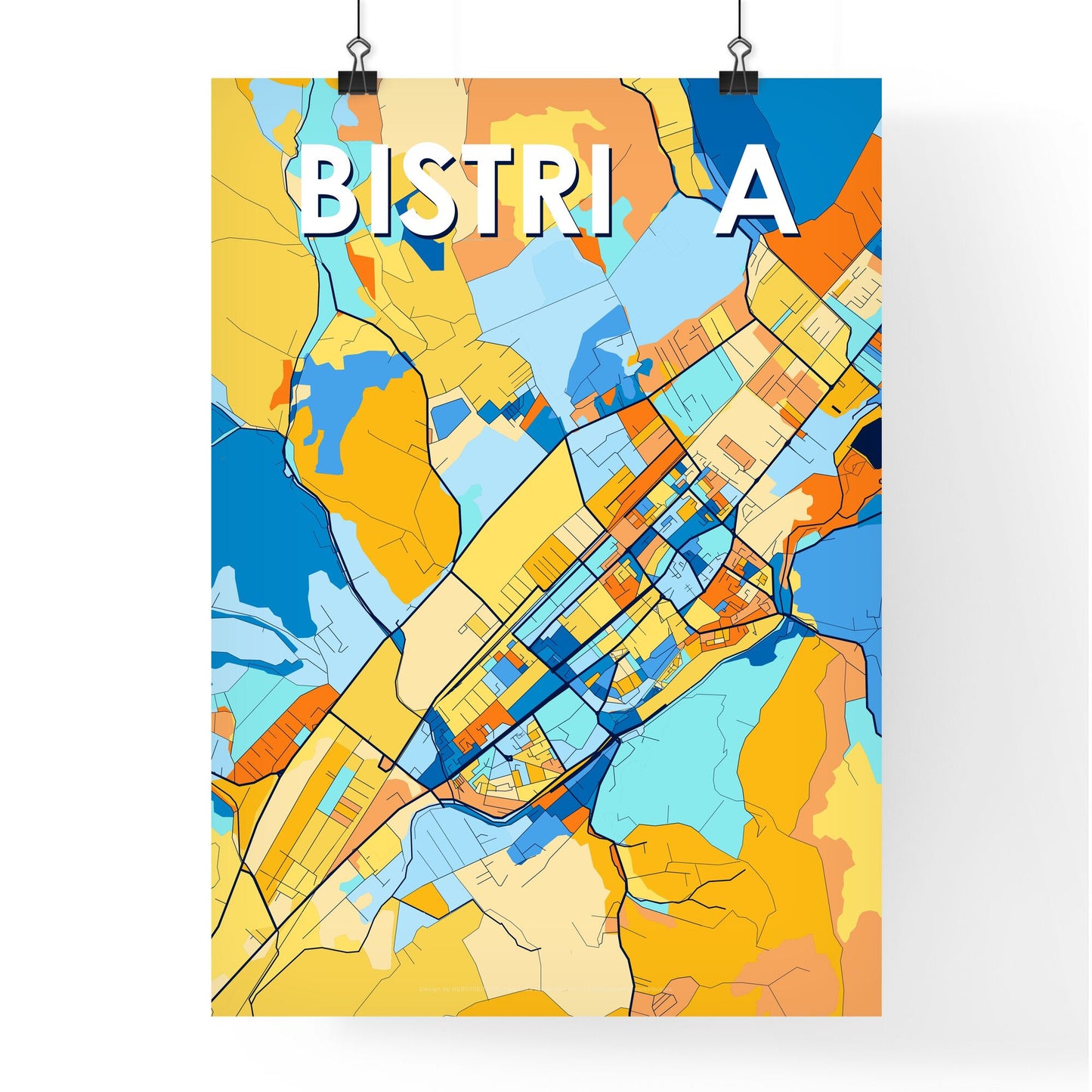 BISTRIȚA ROMANIA Vibrant Colorful Art Map Poster Blue Orange