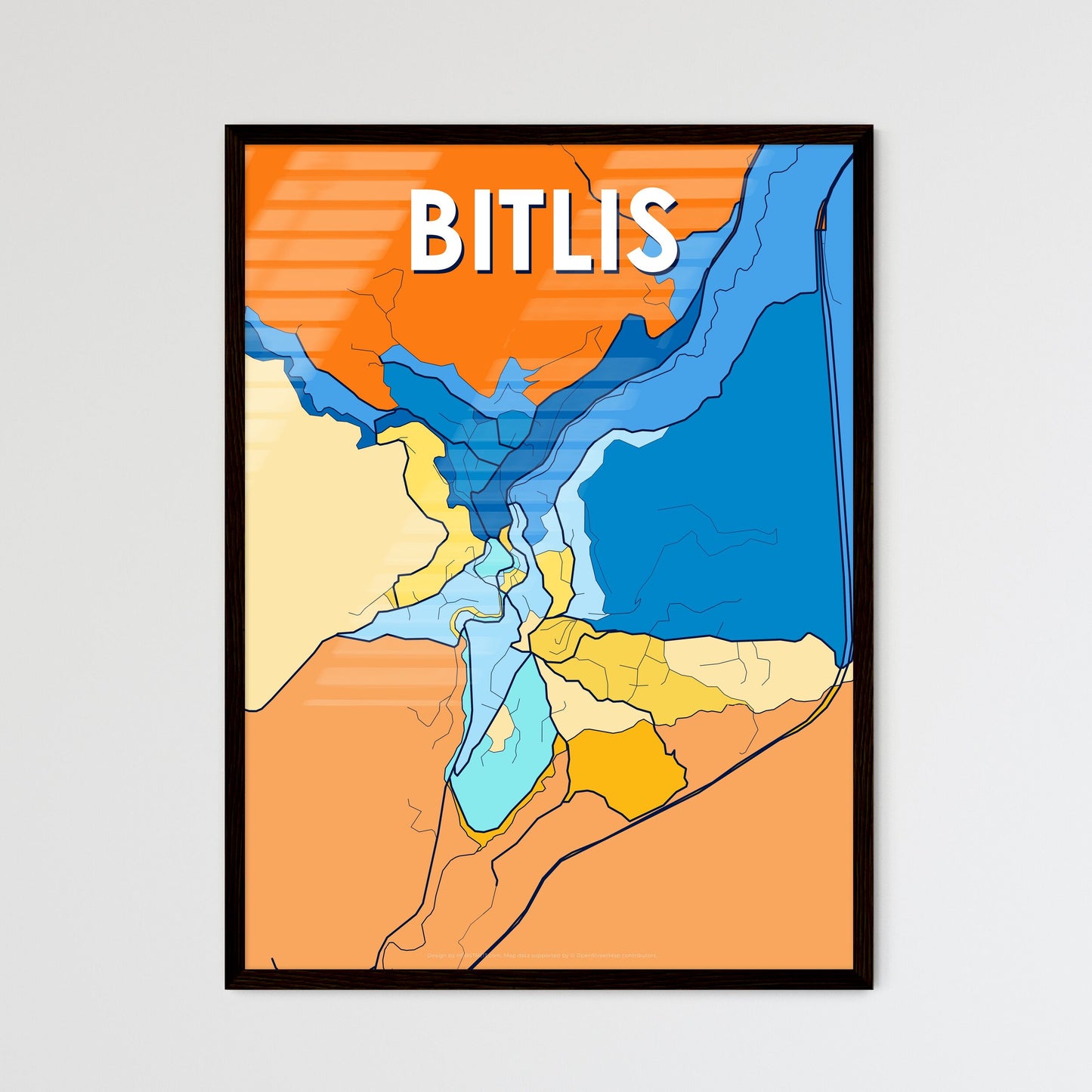 BITLIS TURKEY Vibrant Colorful Art Map Poster Blue Orange