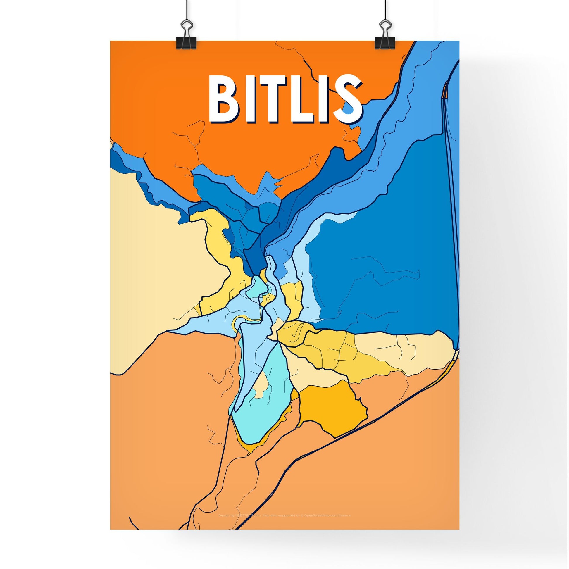 BITLIS TURKEY Vibrant Colorful Art Map Poster Blue Orange