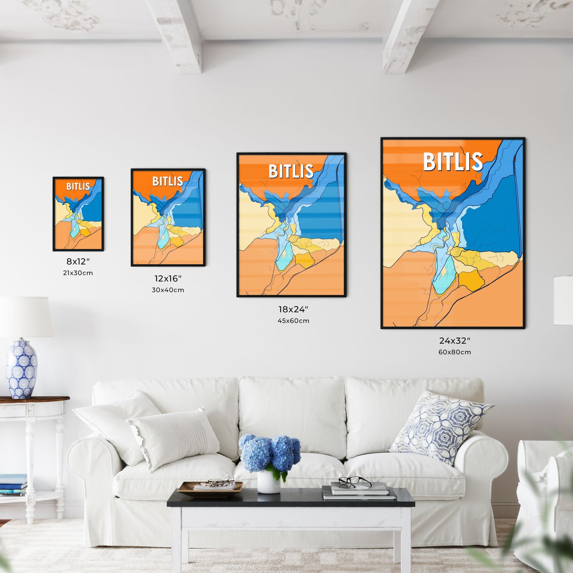 BITLIS TURKEY Vibrant Colorful Art Map Poster Blue Orange