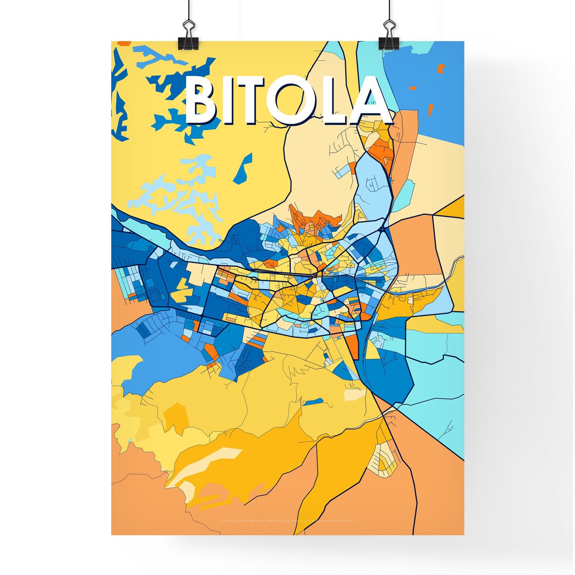 BITOLA NORTH MACEDONIA Vibrant Colorful Art Map Poster Blue Orange