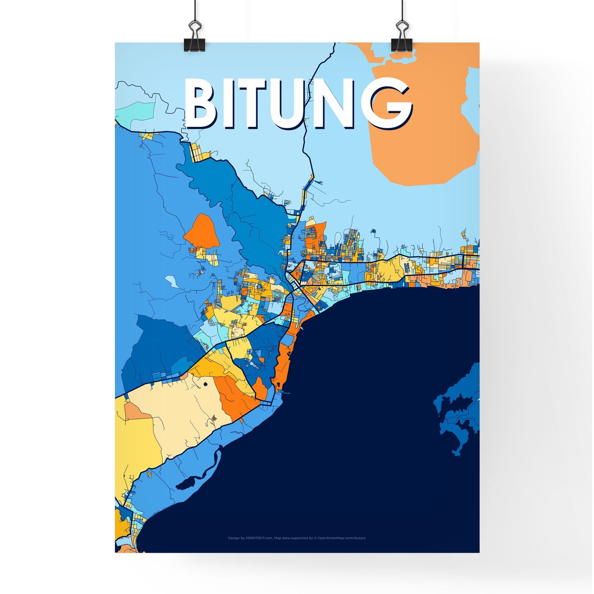 BITUNG INDONESIA Vibrant Colorful Art Map Poster Blue Orange