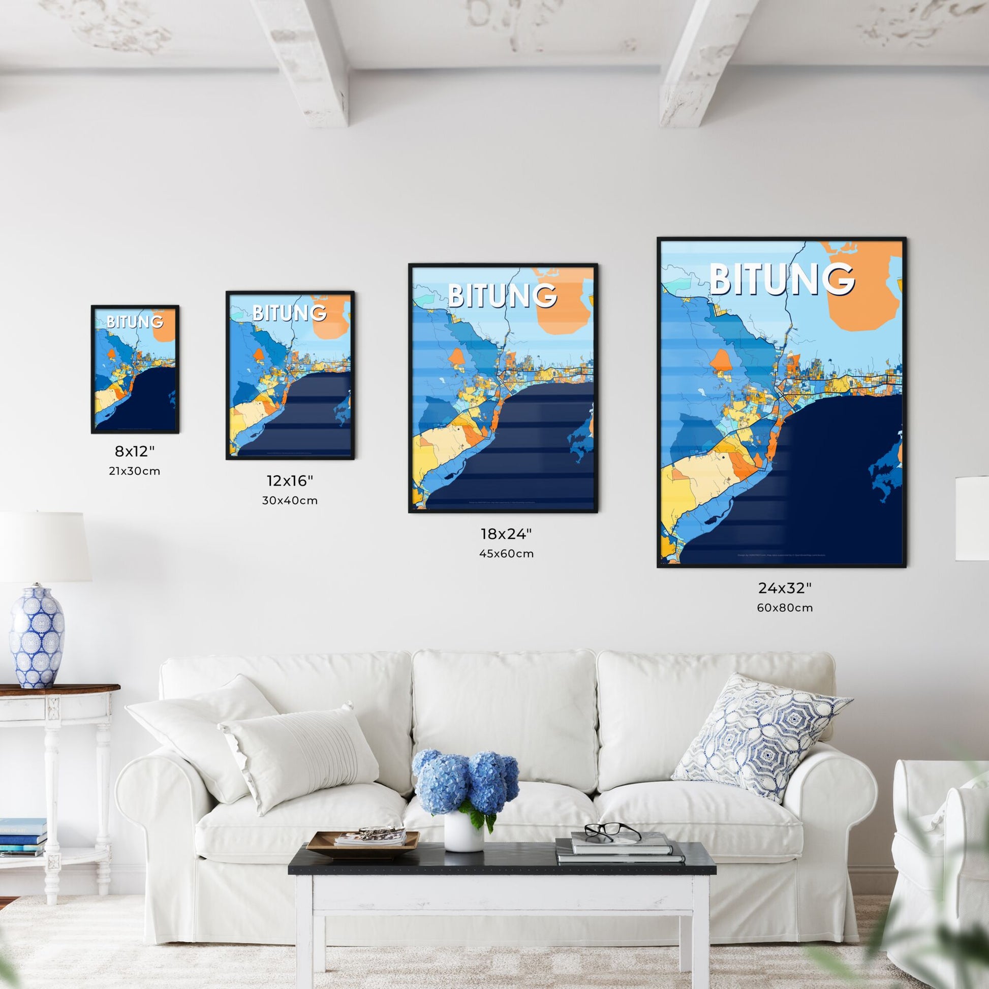 BITUNG INDONESIA Vibrant Colorful Art Map Poster Blue Orange