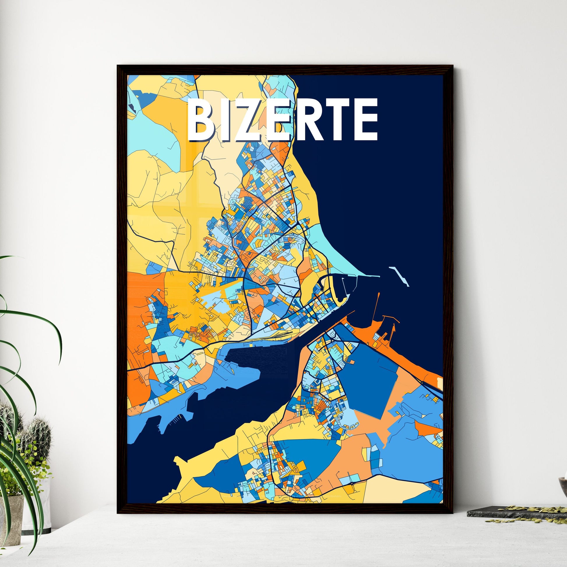 BIZERTE TUNISIA Vibrant Colorful Art Map Poster Blue Orange