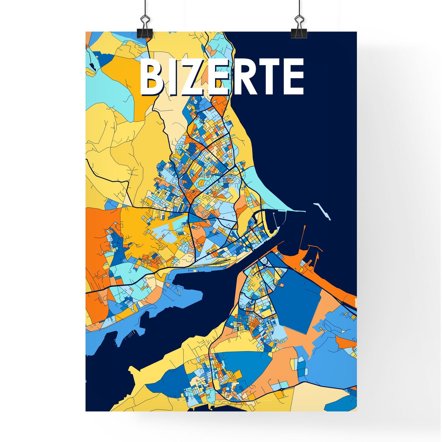 BIZERTE TUNISIA Vibrant Colorful Art Map Poster Blue Orange