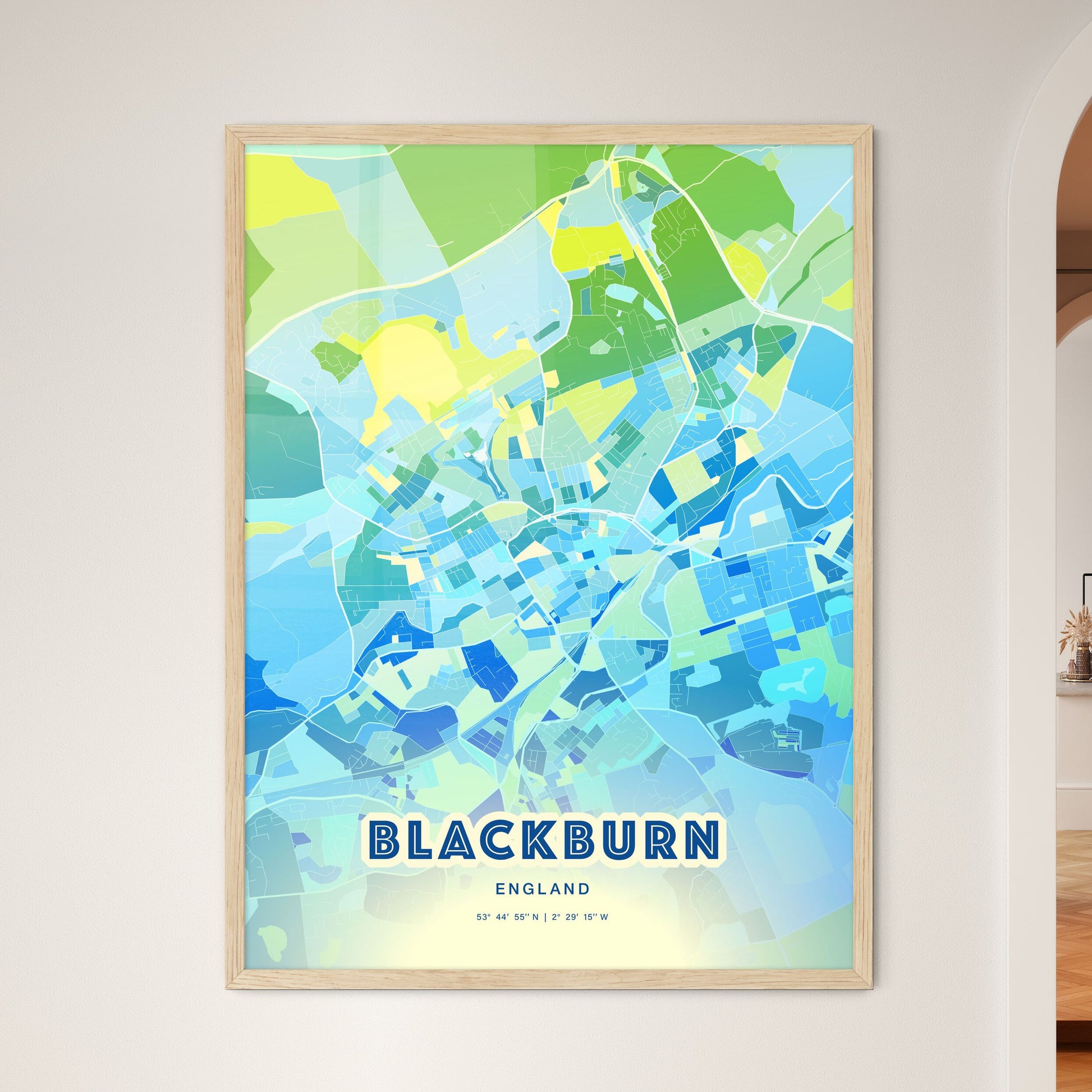 Colorful Blackburn England Fine Art Map Cool Blue