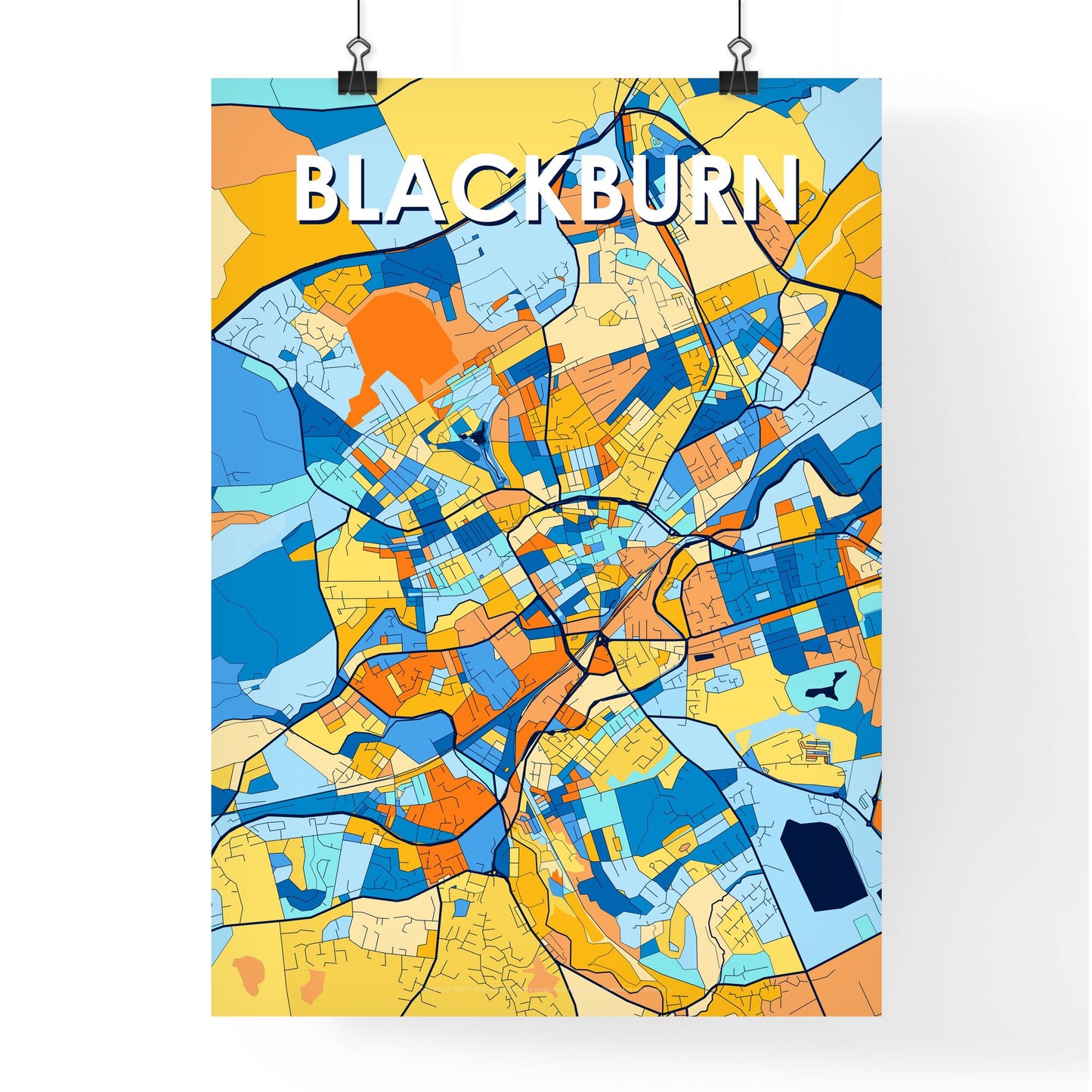 BLACKBURN ENGLAND Vibrant Colorful Art Map Poster Blue Orange