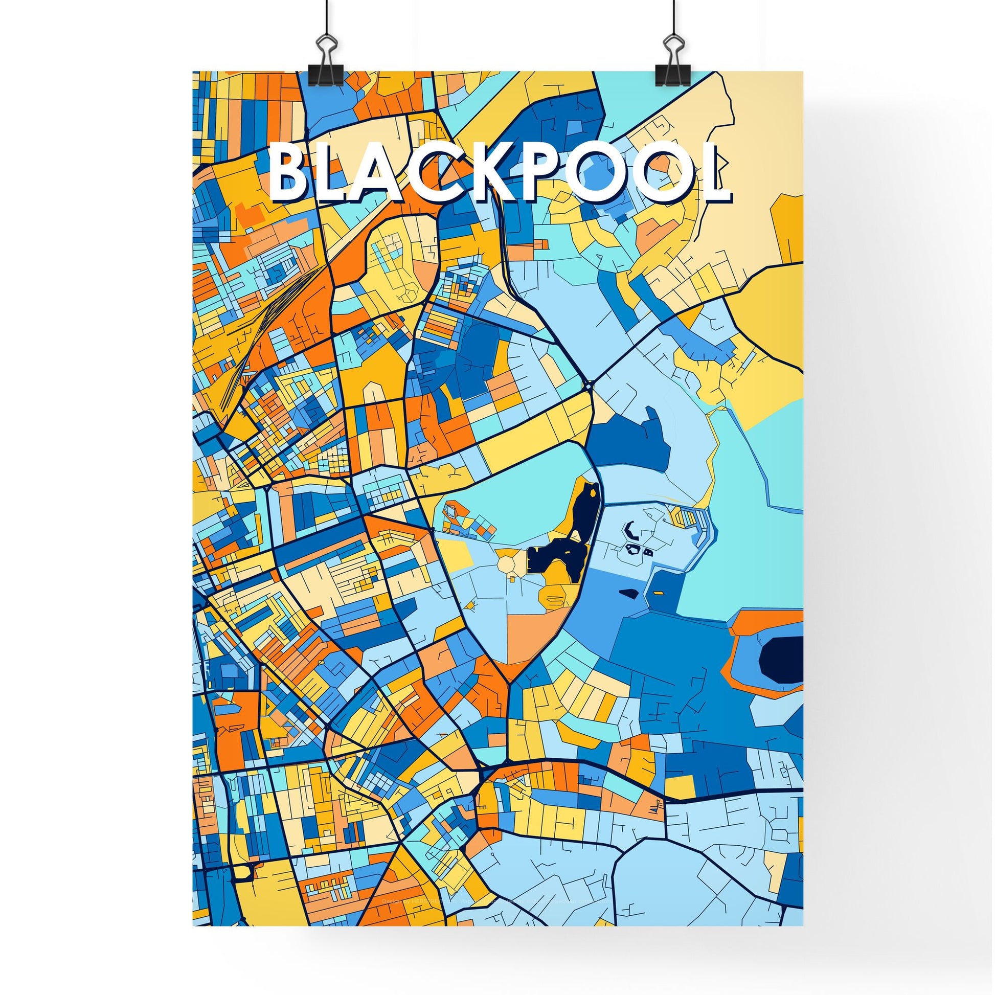 BLACKPOOL ENGLAND Vibrant Colorful Art Map Poster Blue Orange