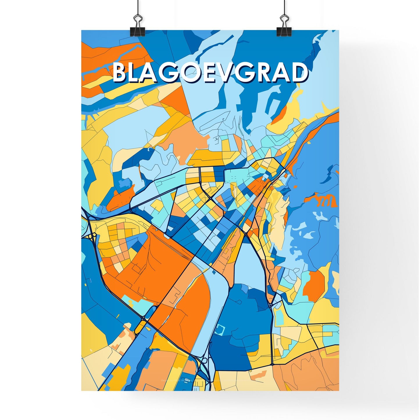 BLAGOEVGRAD BULGARIA Vibrant Colorful Art Map Poster Blue Orange