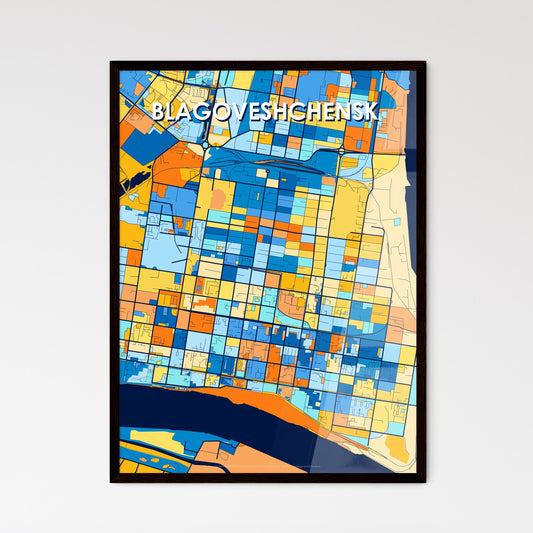 BLAGOVESHCHENSK RUSSIA Vibrant Colorful Art Map Poster Blue Orange