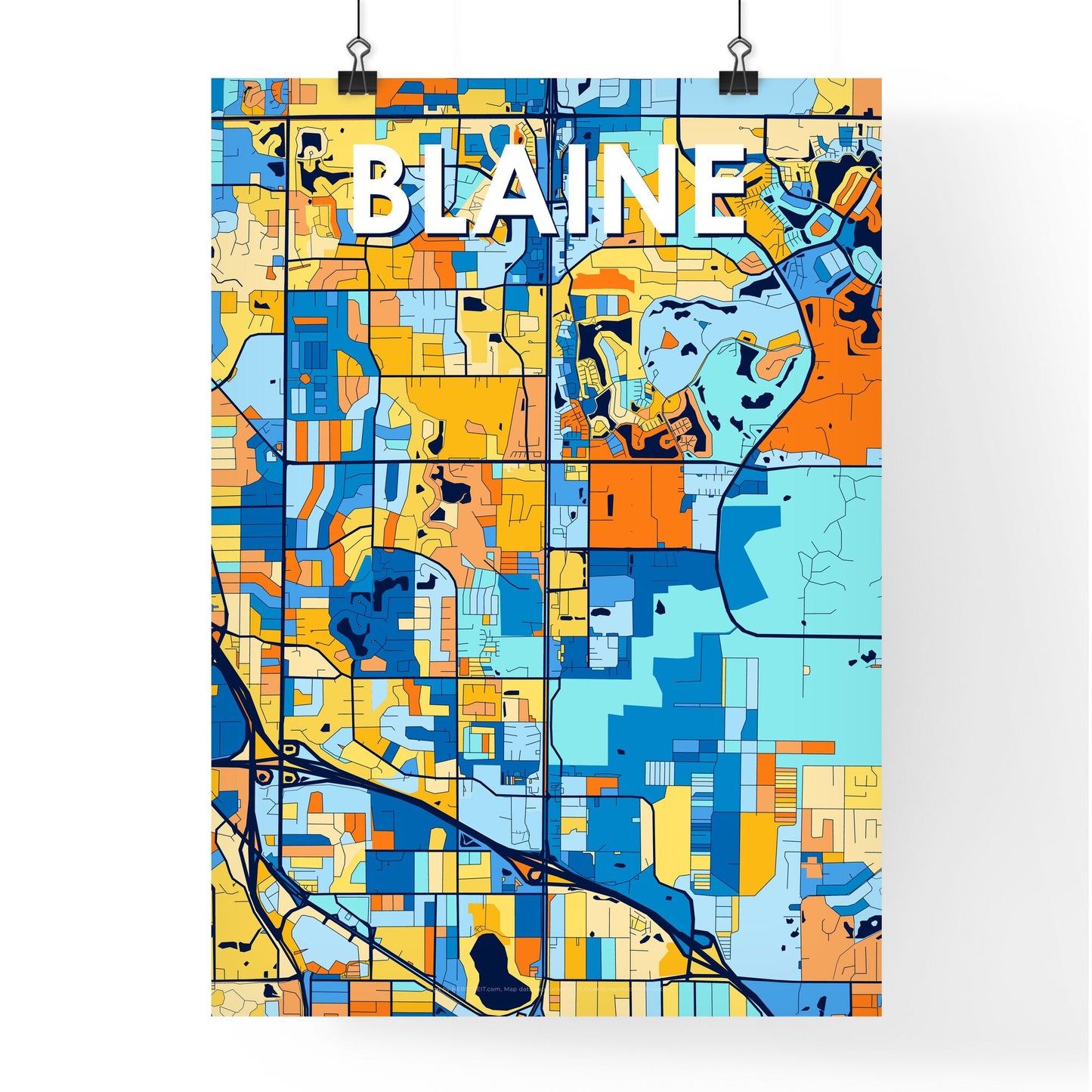 BLAINE MINNESOTA Vibrant Colorful Art Map Poster Blue Orange