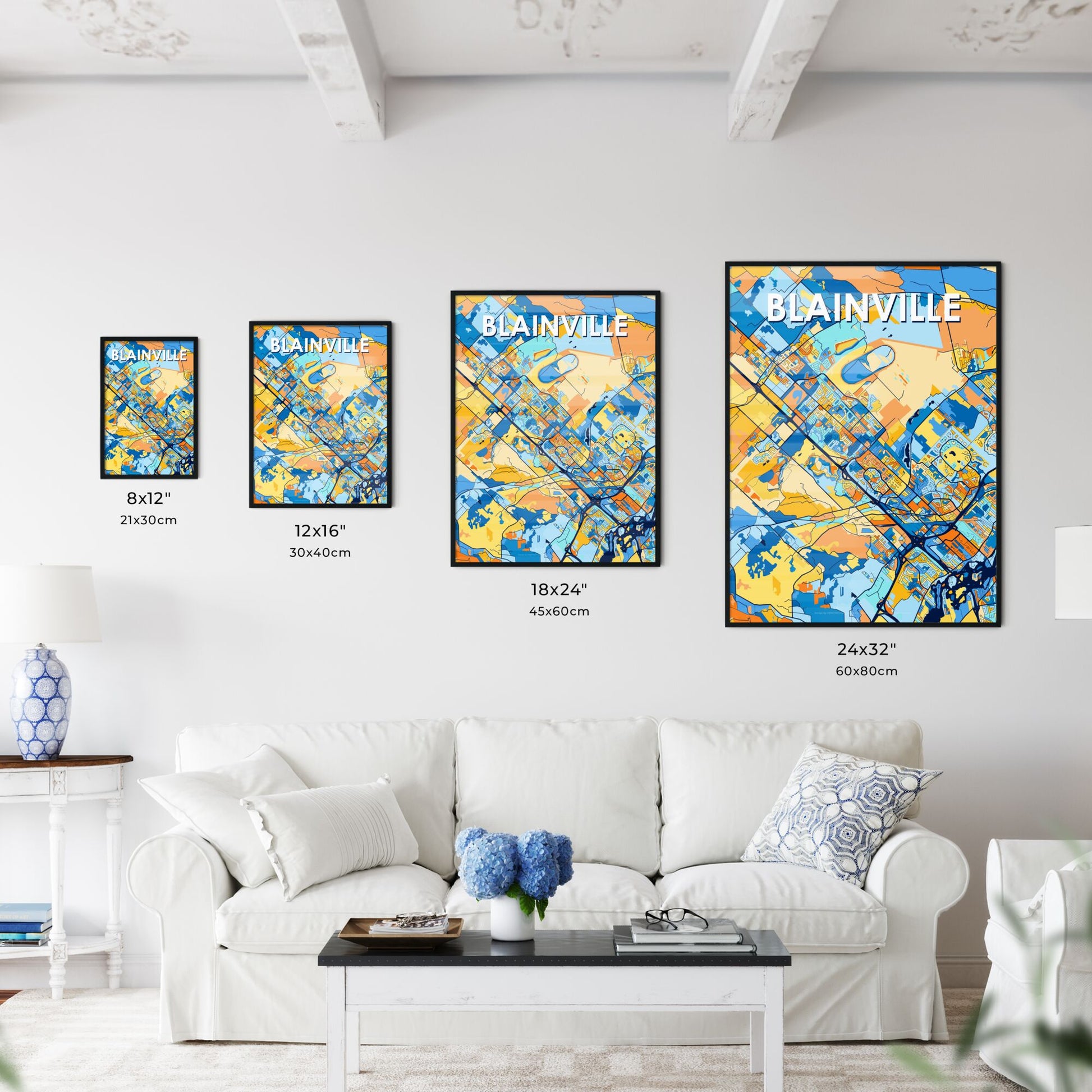 BLAINVILLE CANADA Vibrant Colorful Art Map Poster Blue Orange