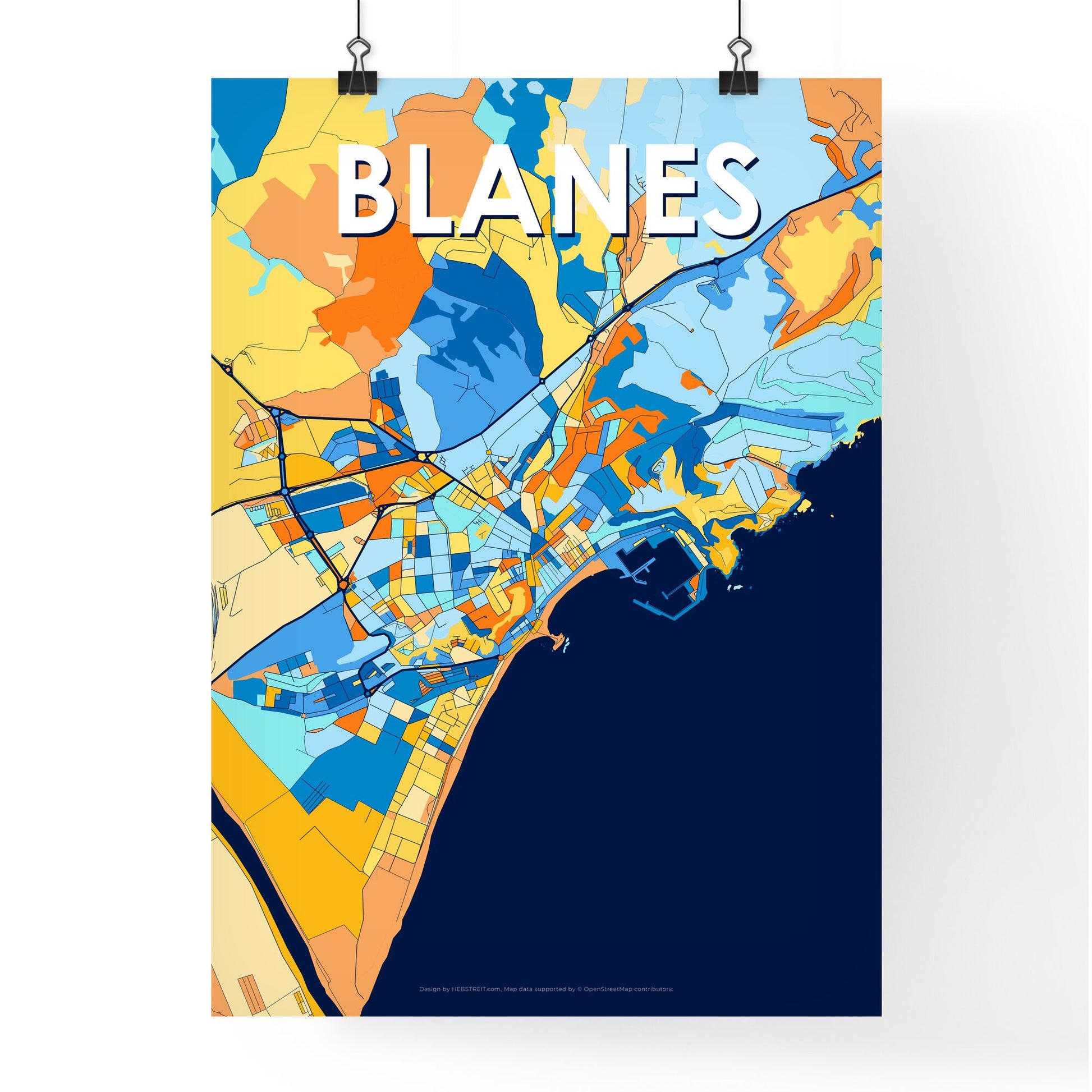 BLANES SPAIN Vibrant Colorful Art Map Poster Blue Orange