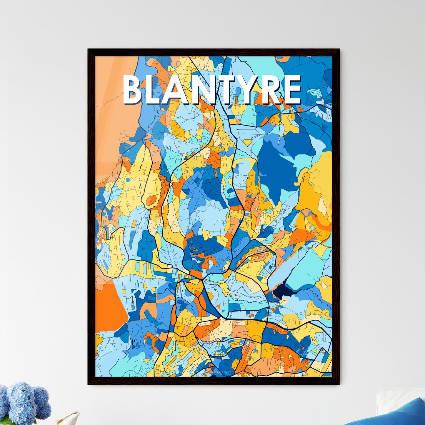 BLANTYRE MALAWI Vibrant Colorful Art Map Poster Blue Orange