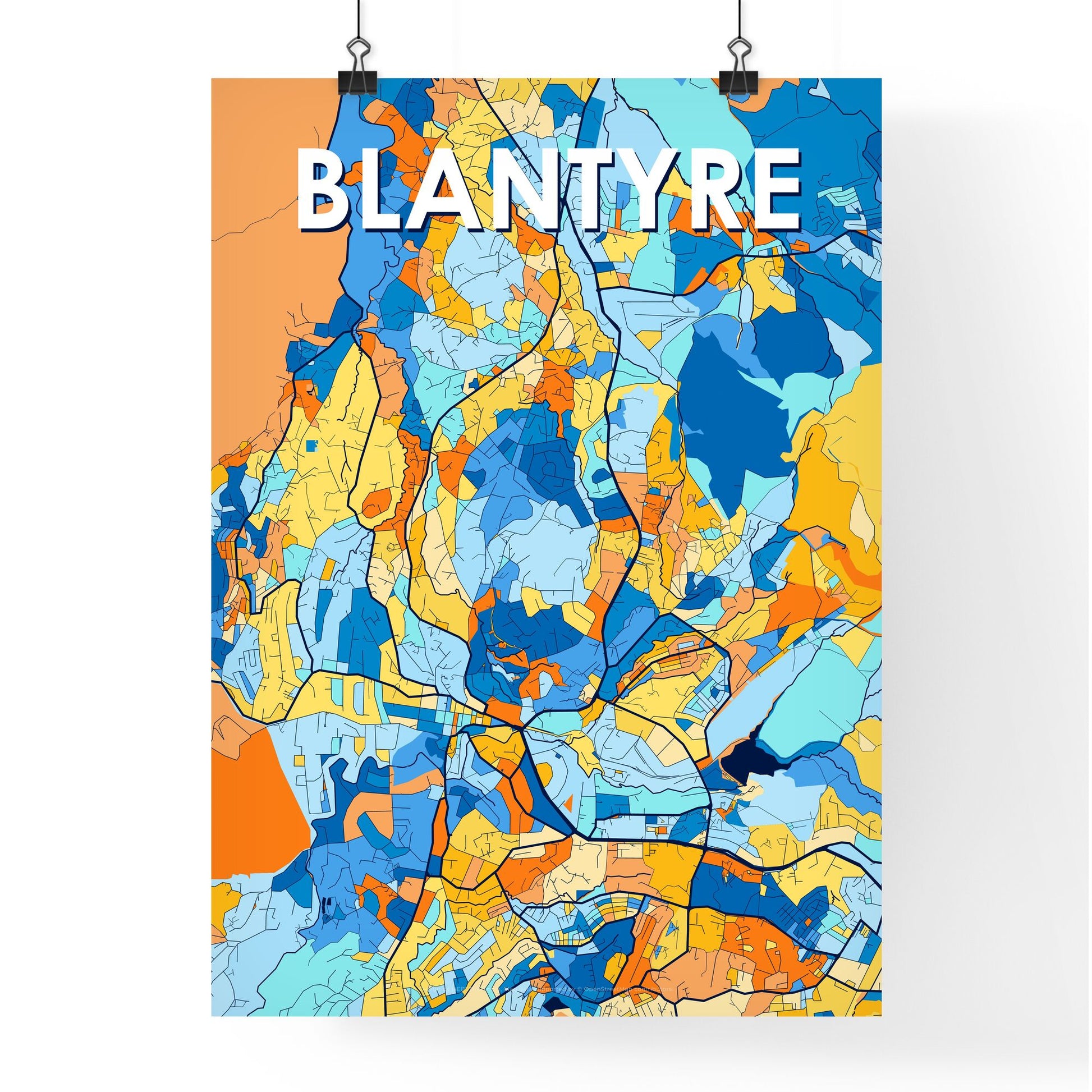 BLANTYRE MALAWI Vibrant Colorful Art Map Poster Blue Orange