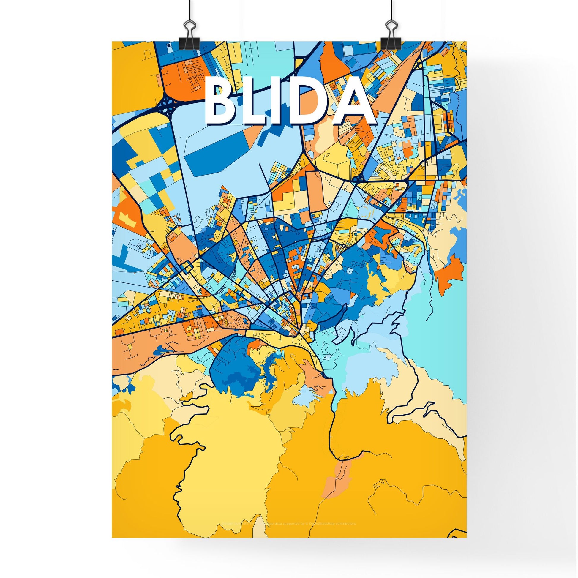 BLIDA ALGERIA Vibrant Colorful Art Map Poster Blue Orange