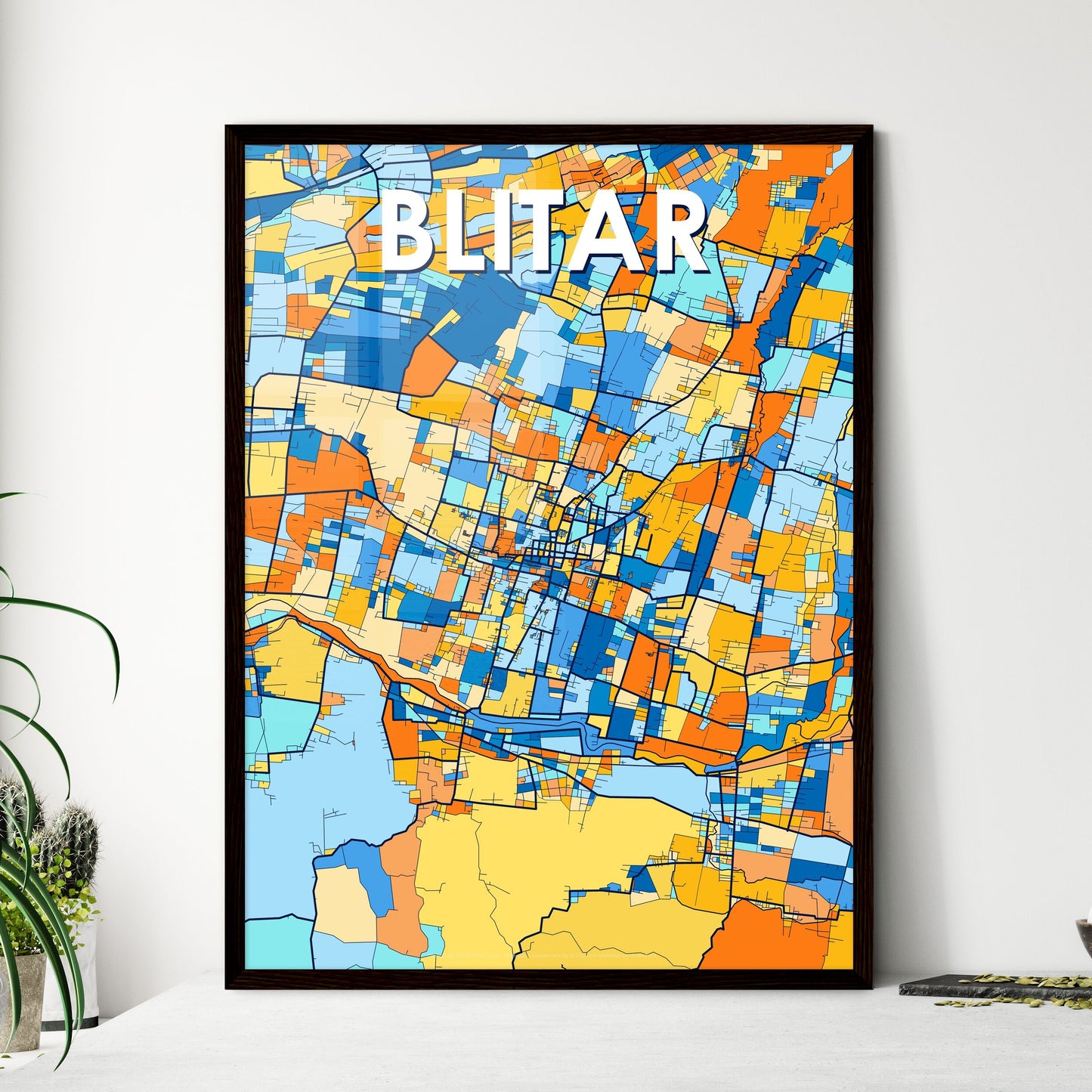 BLITAR INDONESIA Vibrant Colorful Art Map Poster Blue Orange