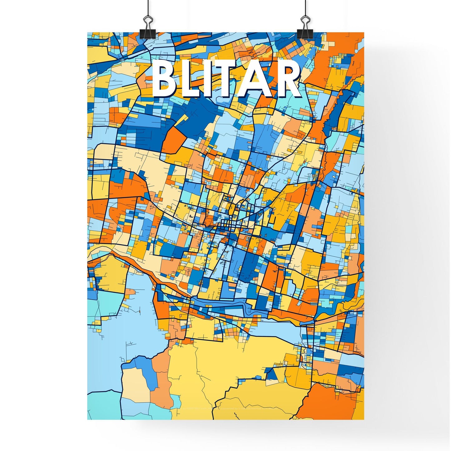 BLITAR INDONESIA Vibrant Colorful Art Map Poster Blue Orange