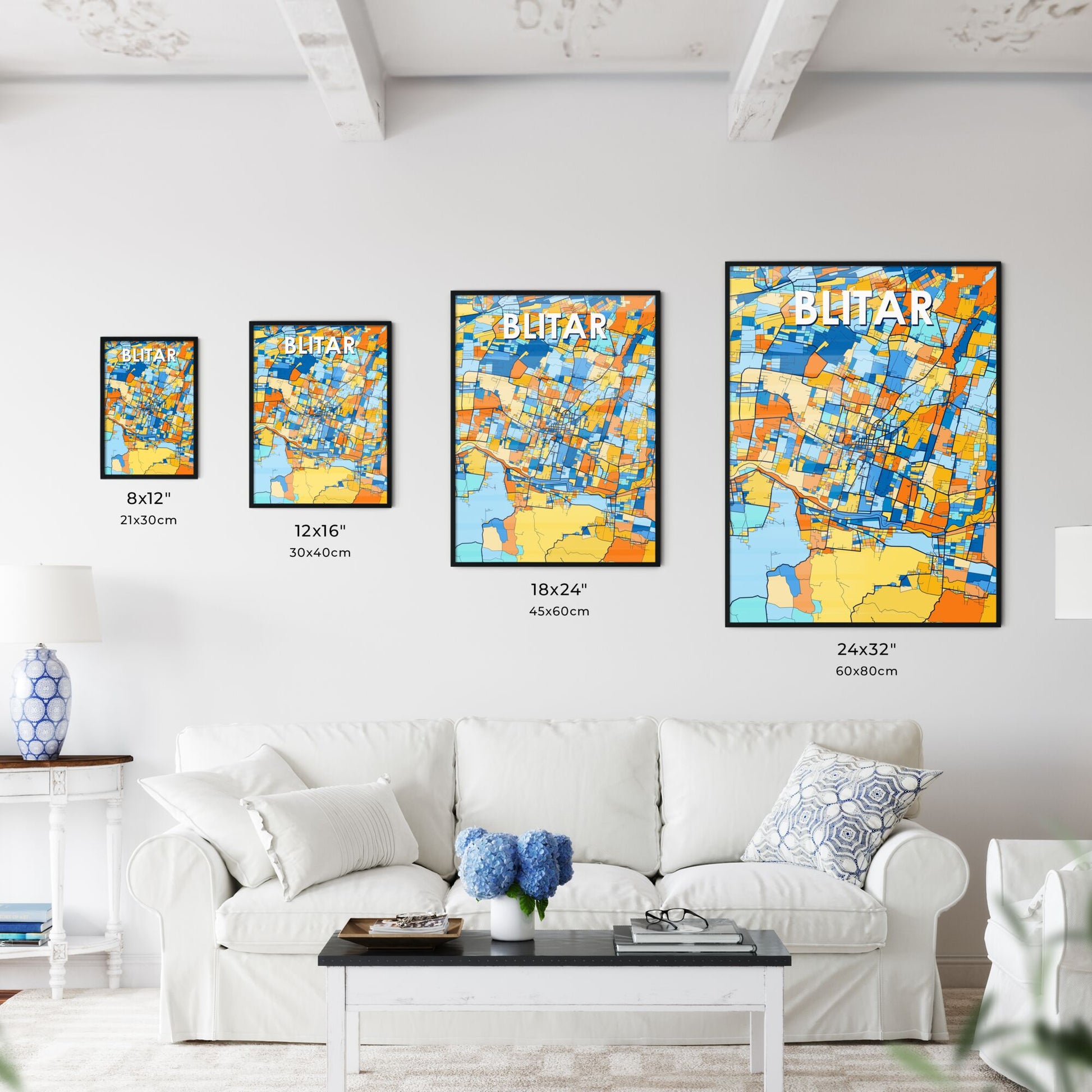 BLITAR INDONESIA Vibrant Colorful Art Map Poster Blue Orange