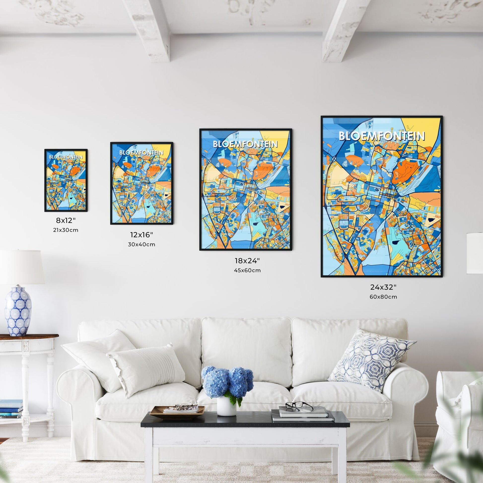 BLOEMFONTEIN SOUTH AFRICA Vibrant Colorful Art Map Poster Blue Orange