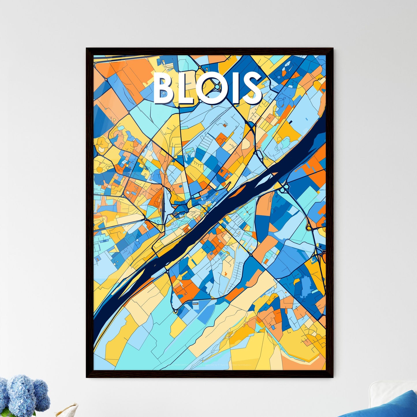 BLOIS FRANCE Vibrant Colorful Art Map Poster Blue Orange