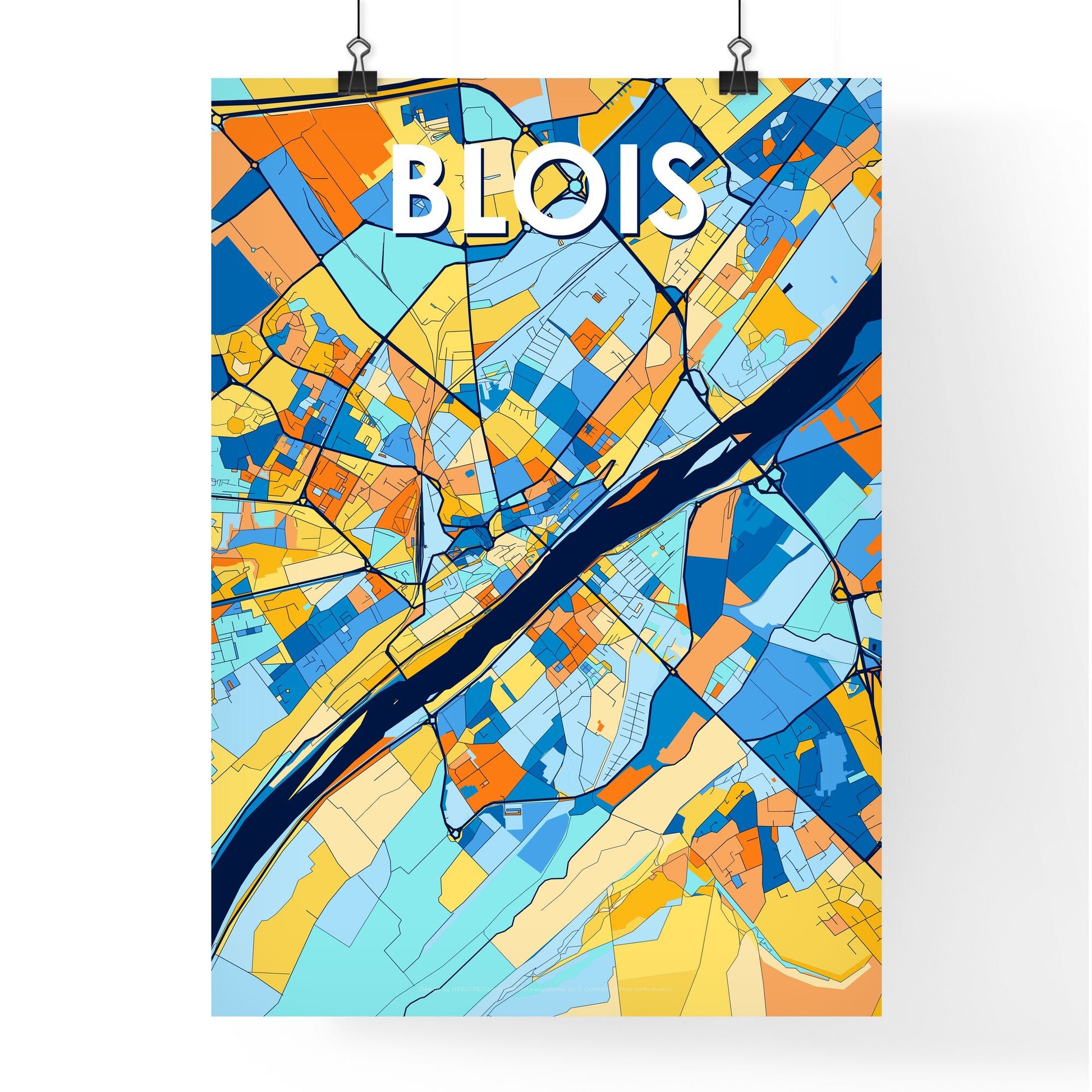 BLOIS FRANCE Vibrant Colorful Art Map Poster Blue Orange