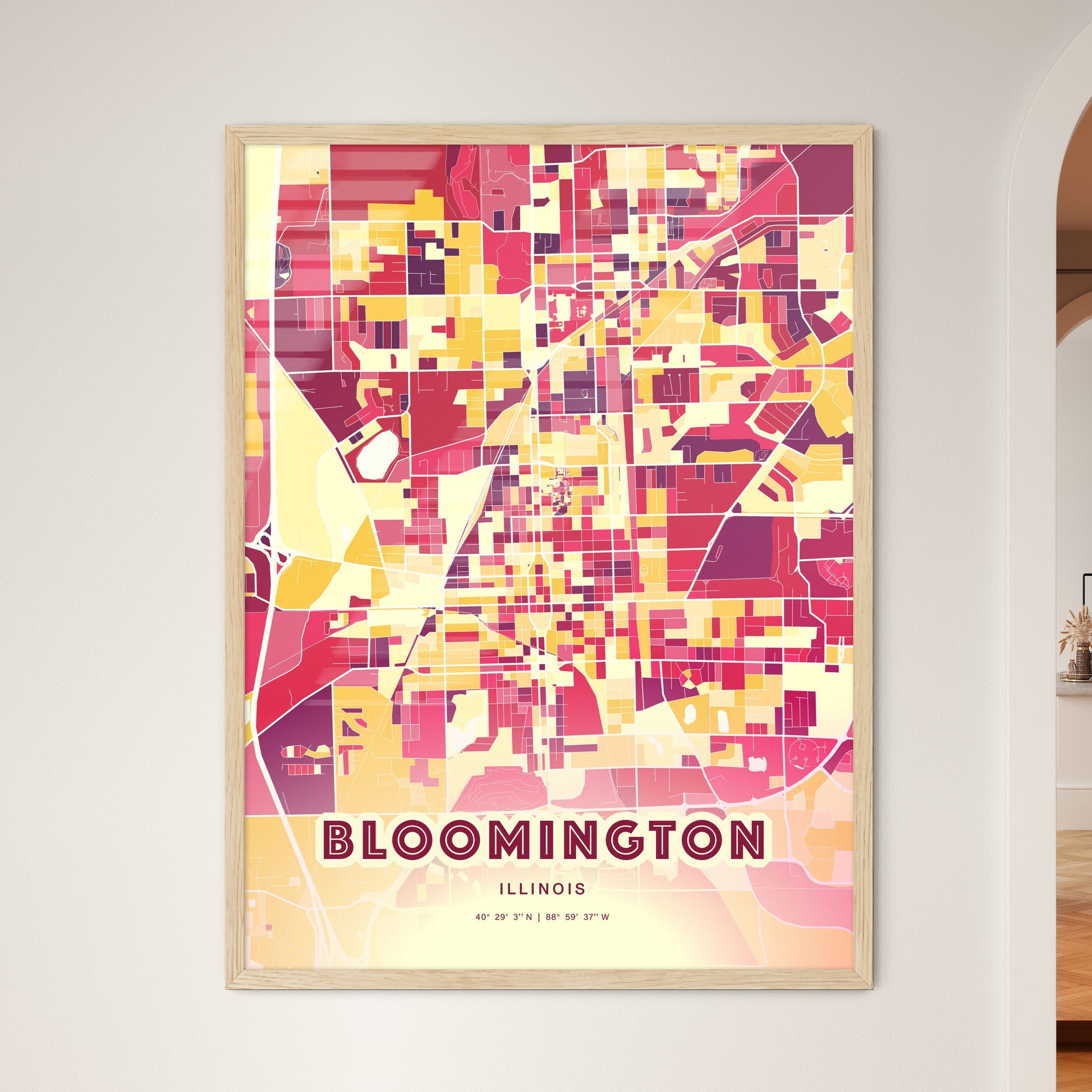 Colorful Bloomington Illinois Fine Art Map Hot Red