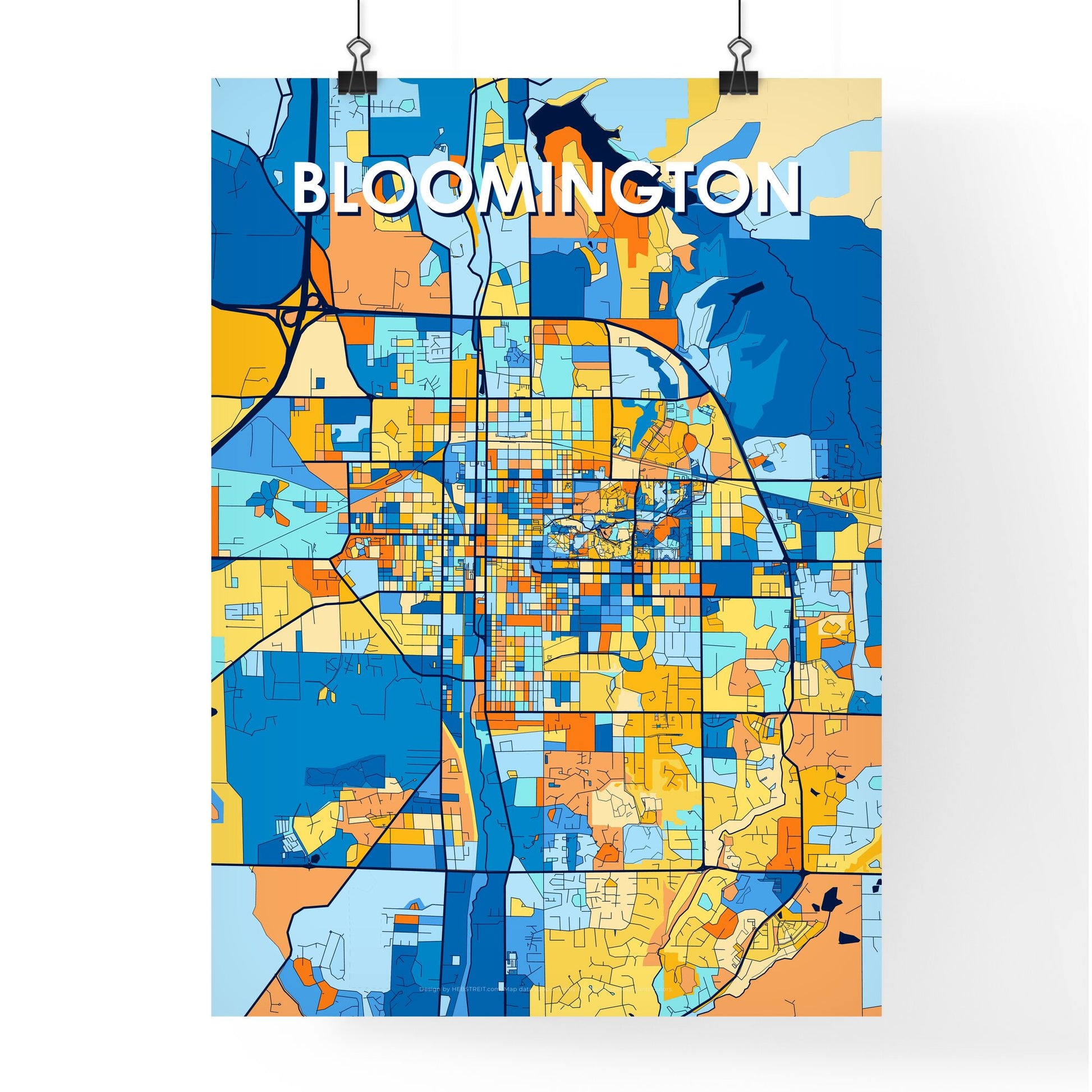 BLOOMINGTON INDIANA Vibrant Colorful Art Map Poster Blue Orange