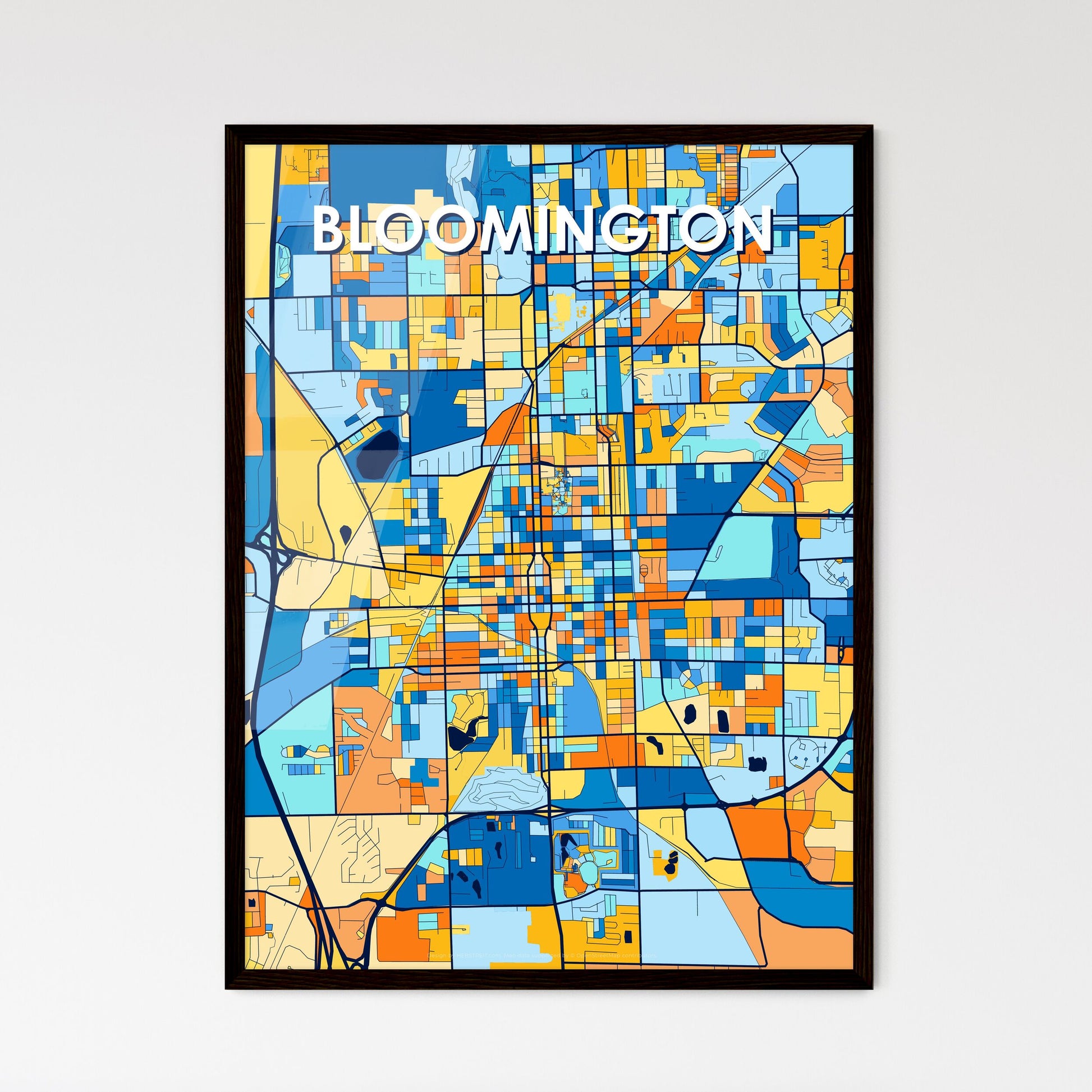 BLOOMINGTON ILLINOIS Vibrant Colorful Art Map Poster Blue Orange