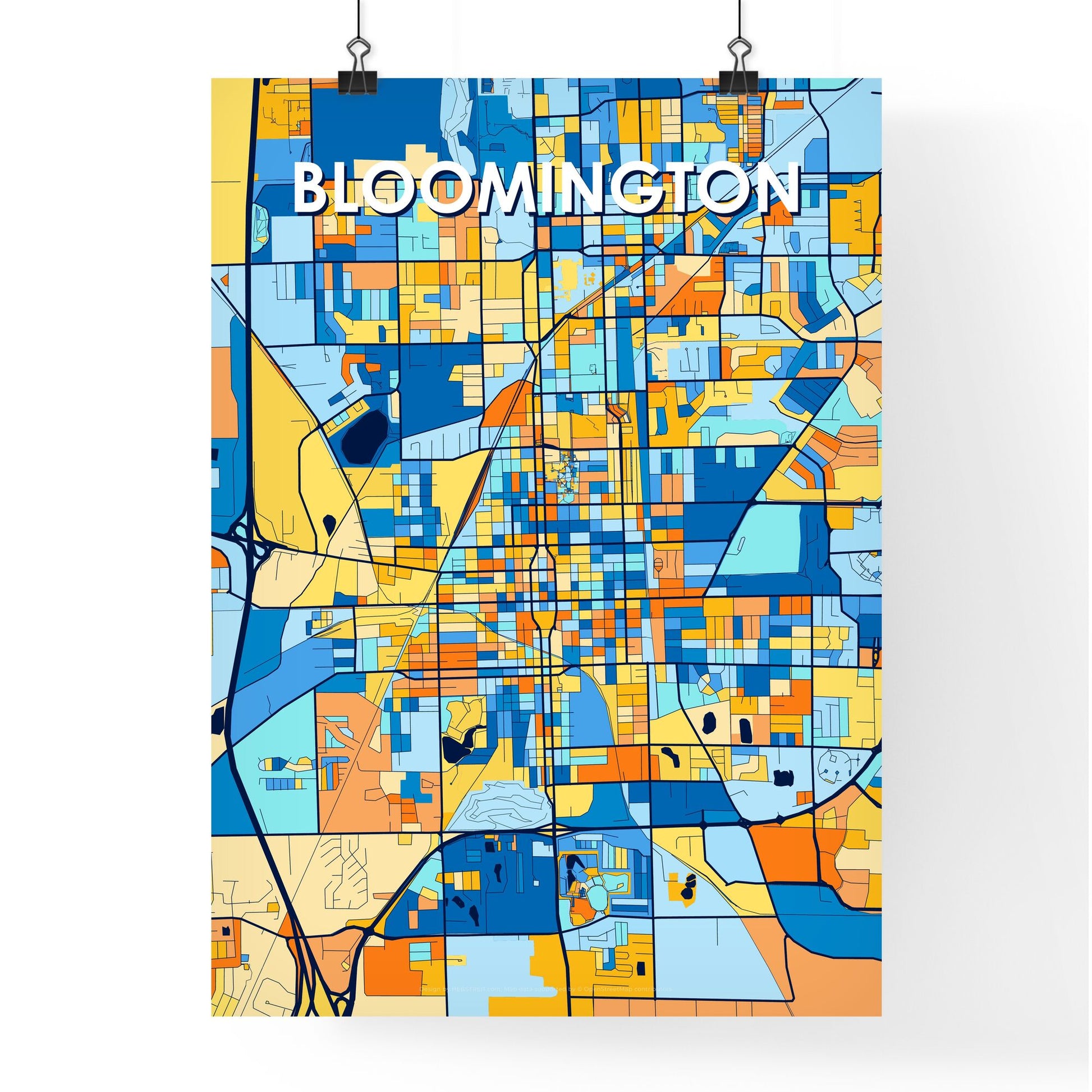 BLOOMINGTON ILLINOIS Vibrant Colorful Art Map Poster Blue Orange