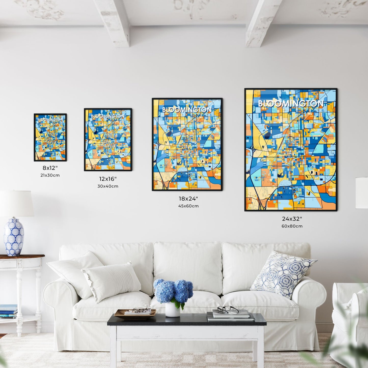 BLOOMINGTON ILLINOIS Vibrant Colorful Art Map Poster Blue Orange