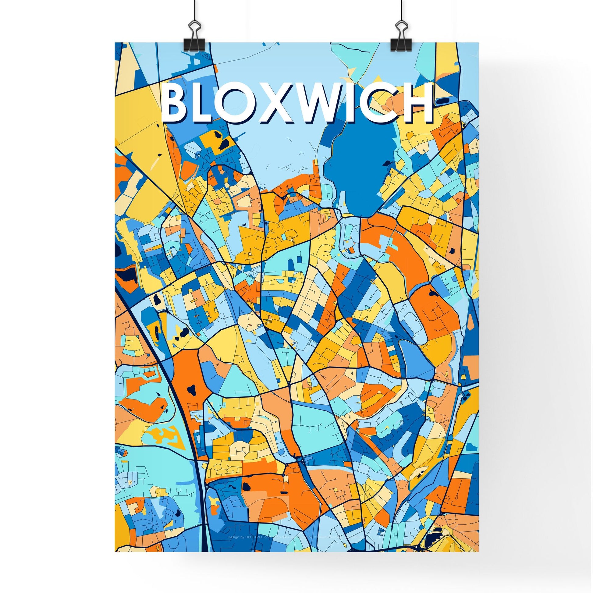 BLOXWICH ENGLAND Vibrant Colorful Art Map Poster Blue Orange