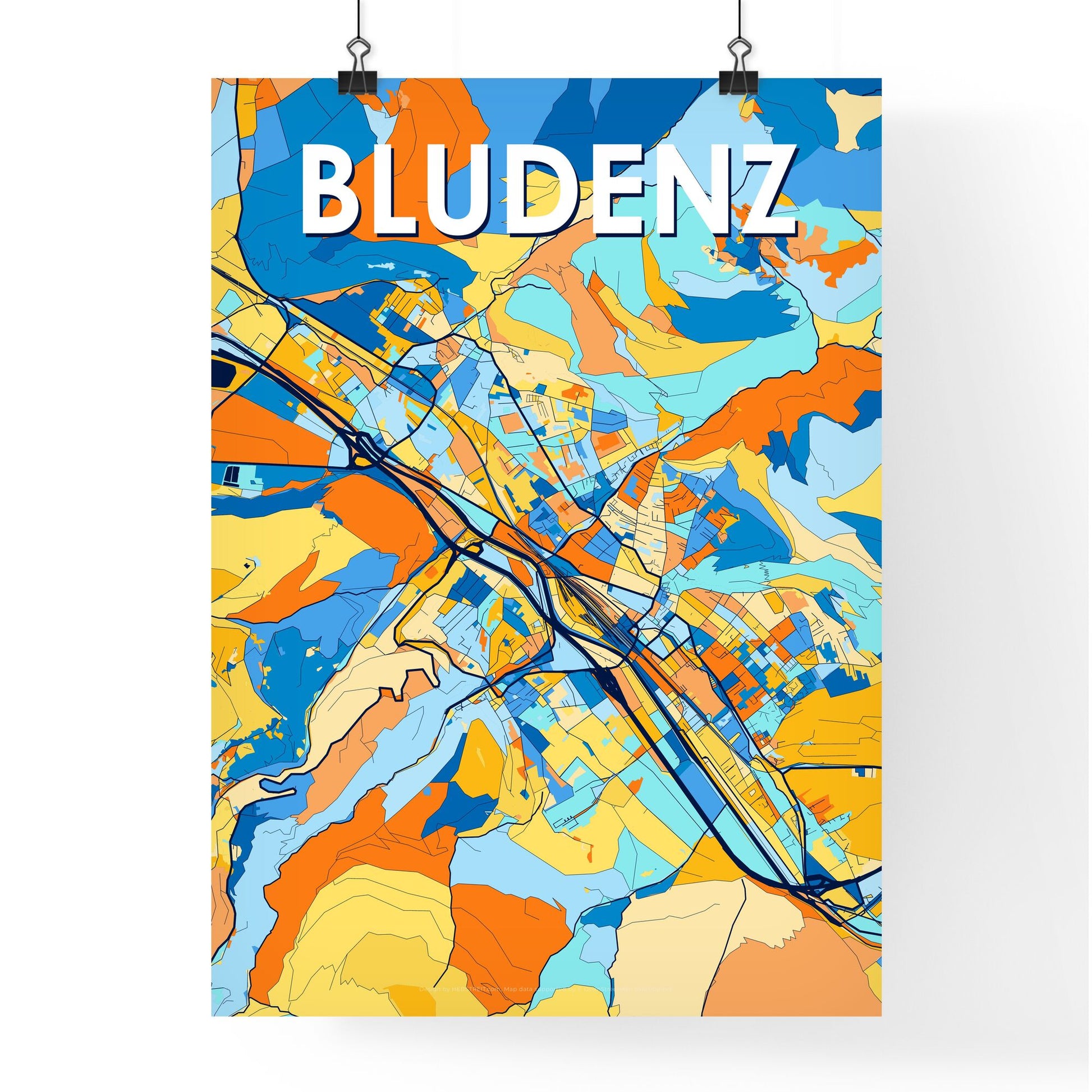 BLUDENZ AUSTRIA Vibrant Colorful Art Map Poster Blue Orange