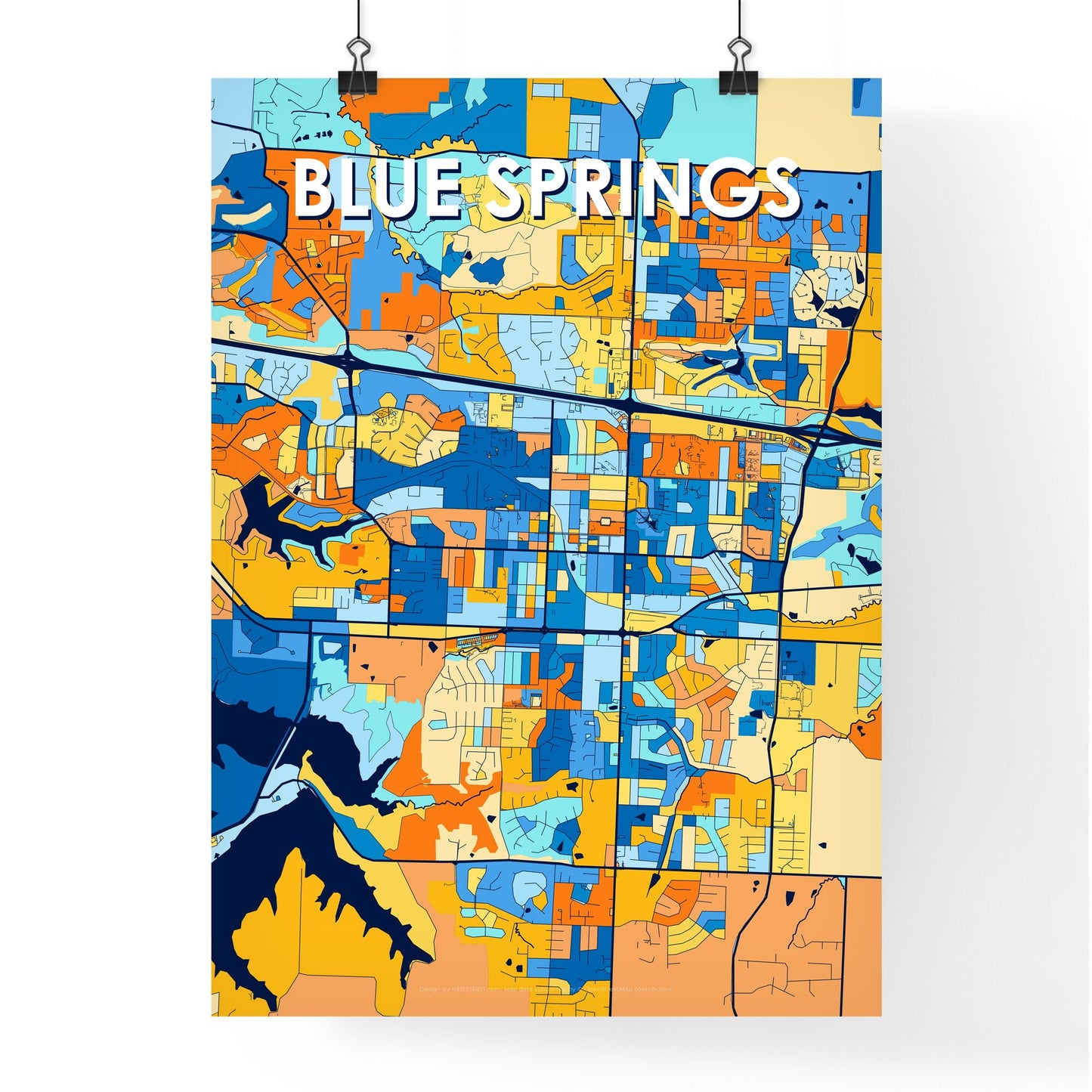 BLUE SPRINGS MISSOURI Vibrant Colorful Art Map Poster Blue Orange