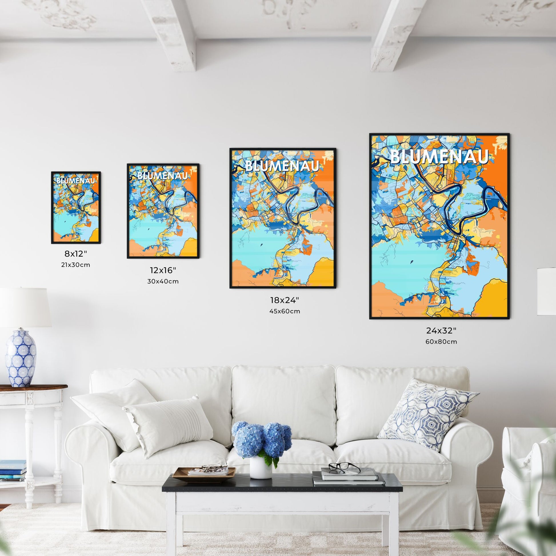 BLUMENAU BRAZIL Vibrant Colorful Art Map Poster Blue Orange