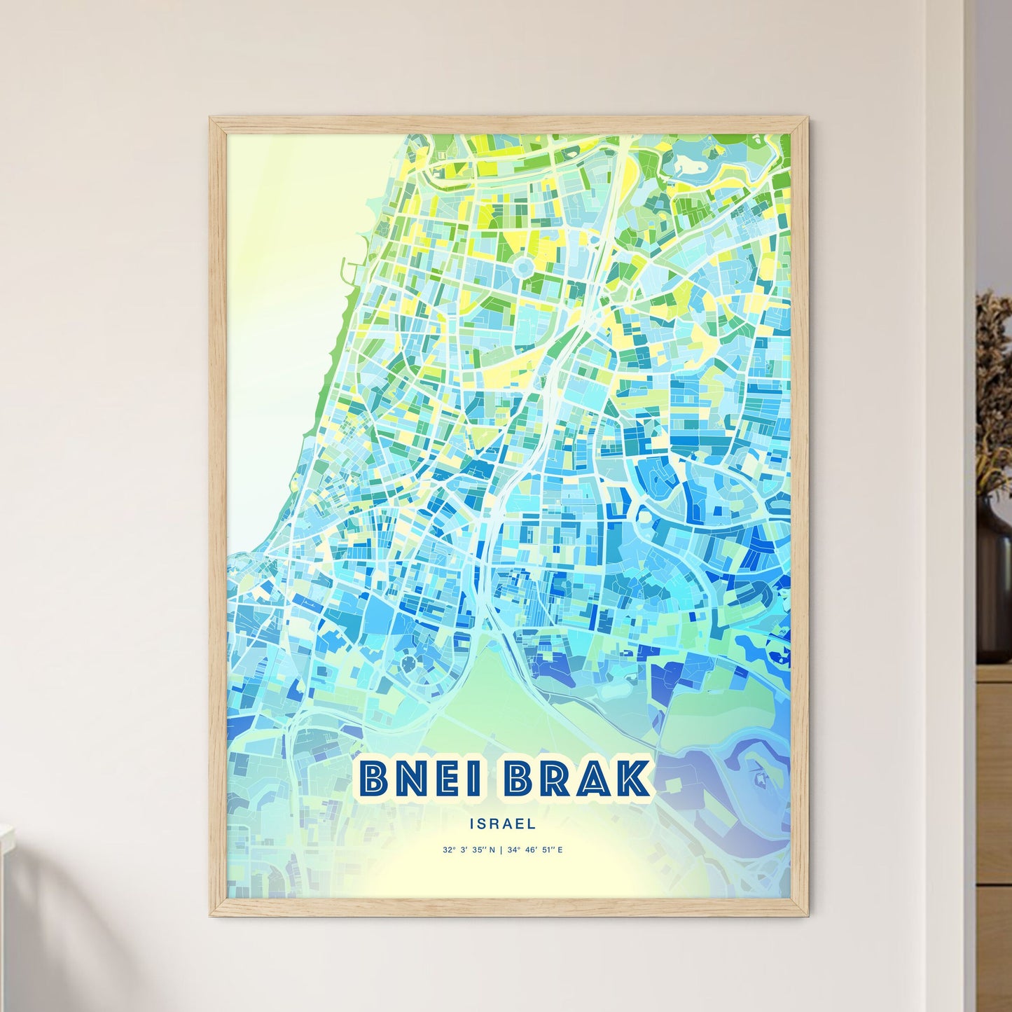 Colorful Bnei Brak Israel Fine Art Map Cool Blue