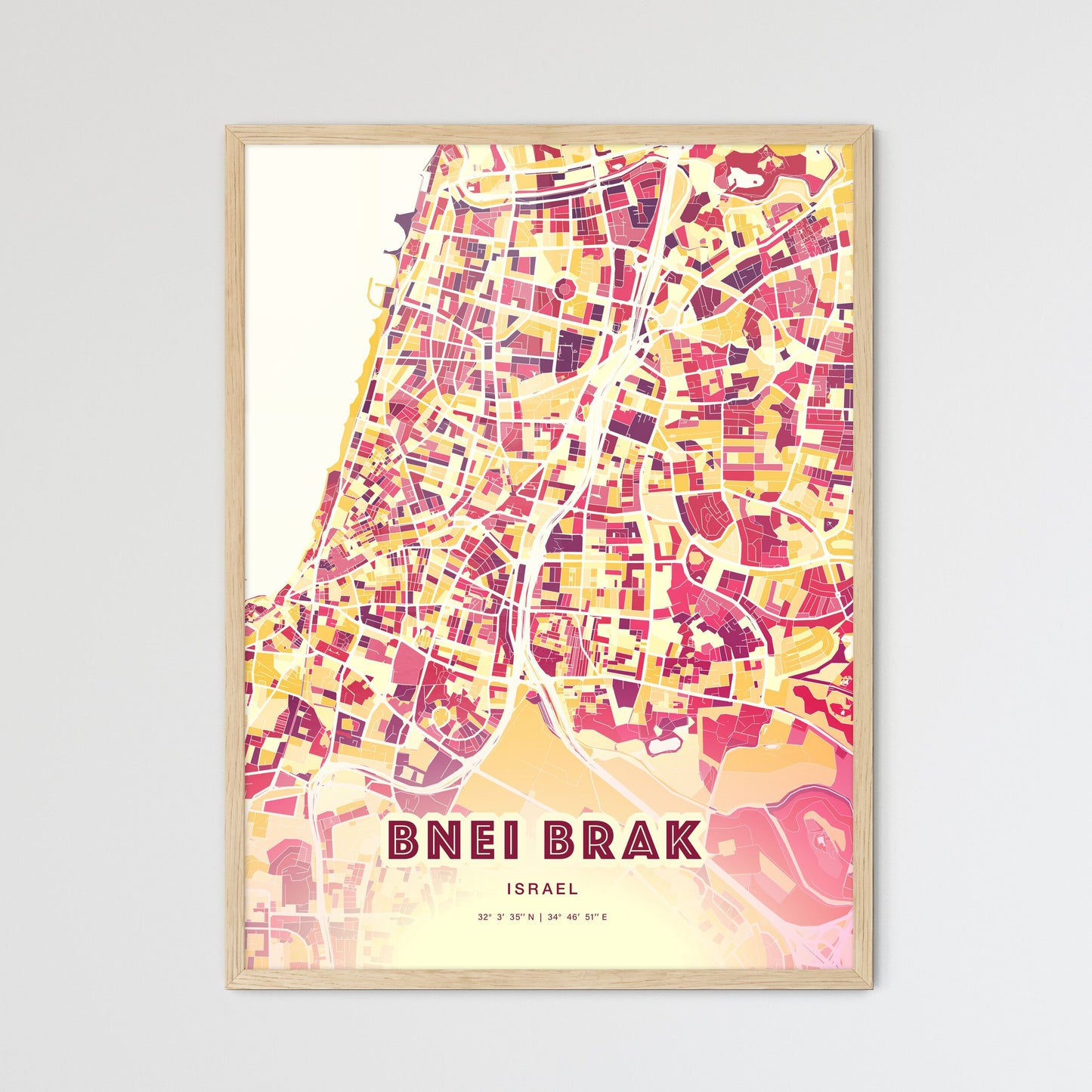 Colorful Bnei Brak Israel Fine Art Map Hot Red