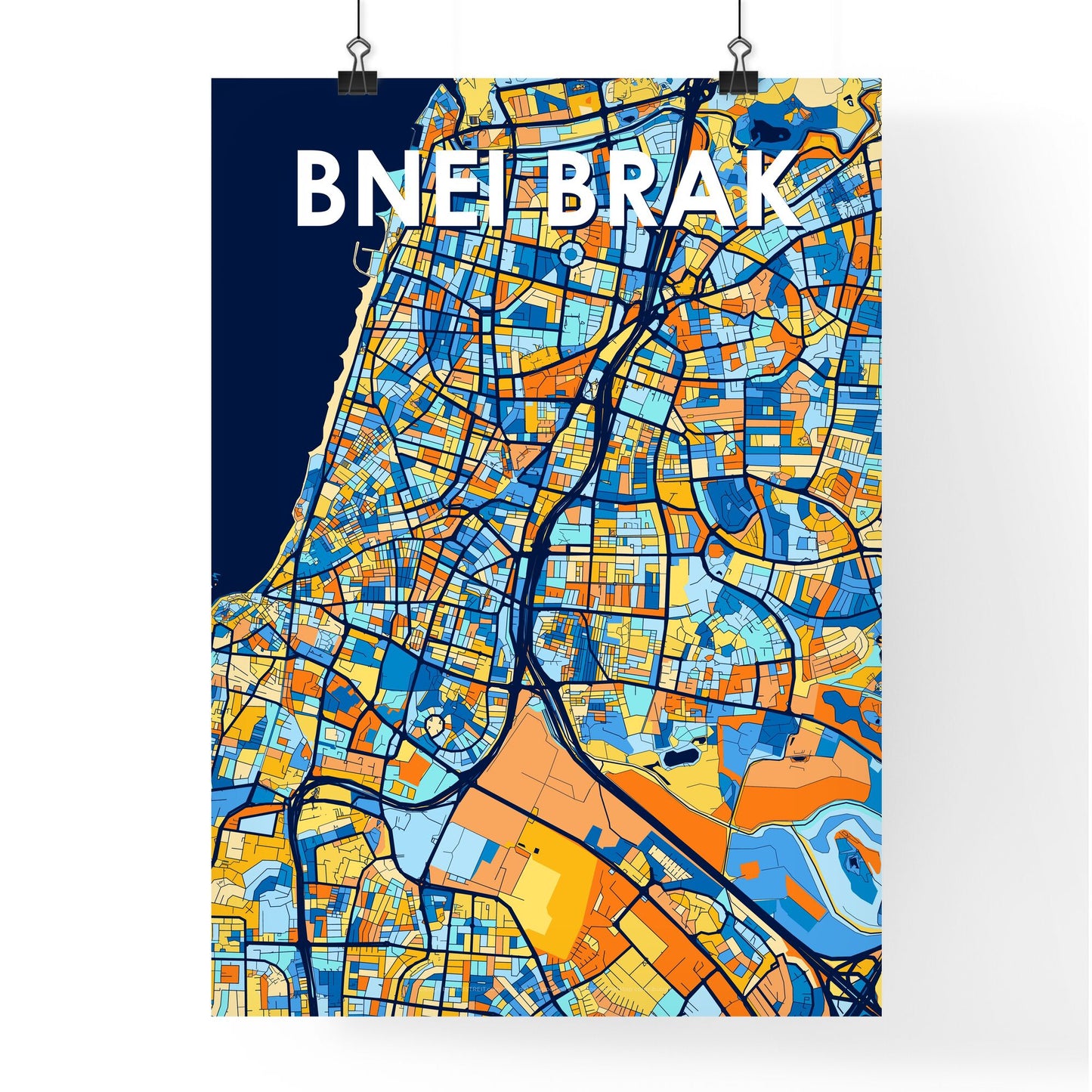 BNEI BRAK ISRAEL Vibrant Colorful Art Map Poster Blue Orange